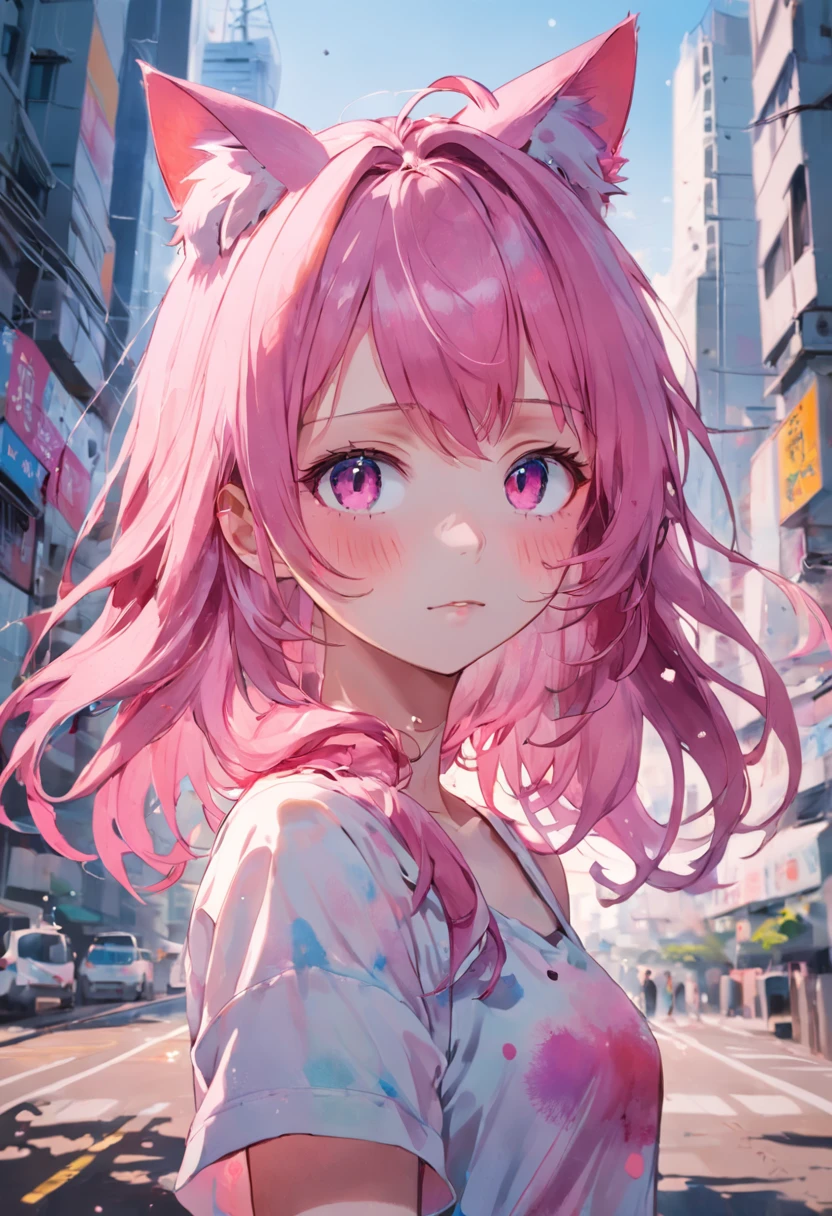 (best qualtiy)、(​masterpiece:1.2)、(colourfull:0.9)、((Ink splashing))、(Color scattering)、(watercolor paiting)、Crisp focus、model shot、(((fullllbody)))、
(Summer portrait:1.5)、Cute look、Cat's ears、Elegant pink hair、beautiful detailed face and eyes、Cute clothes、((Urban city background))、TOKYOcty、
Urban cityscape、(Lie in the field with your eyes closed、Sleep with a happy face)、涎