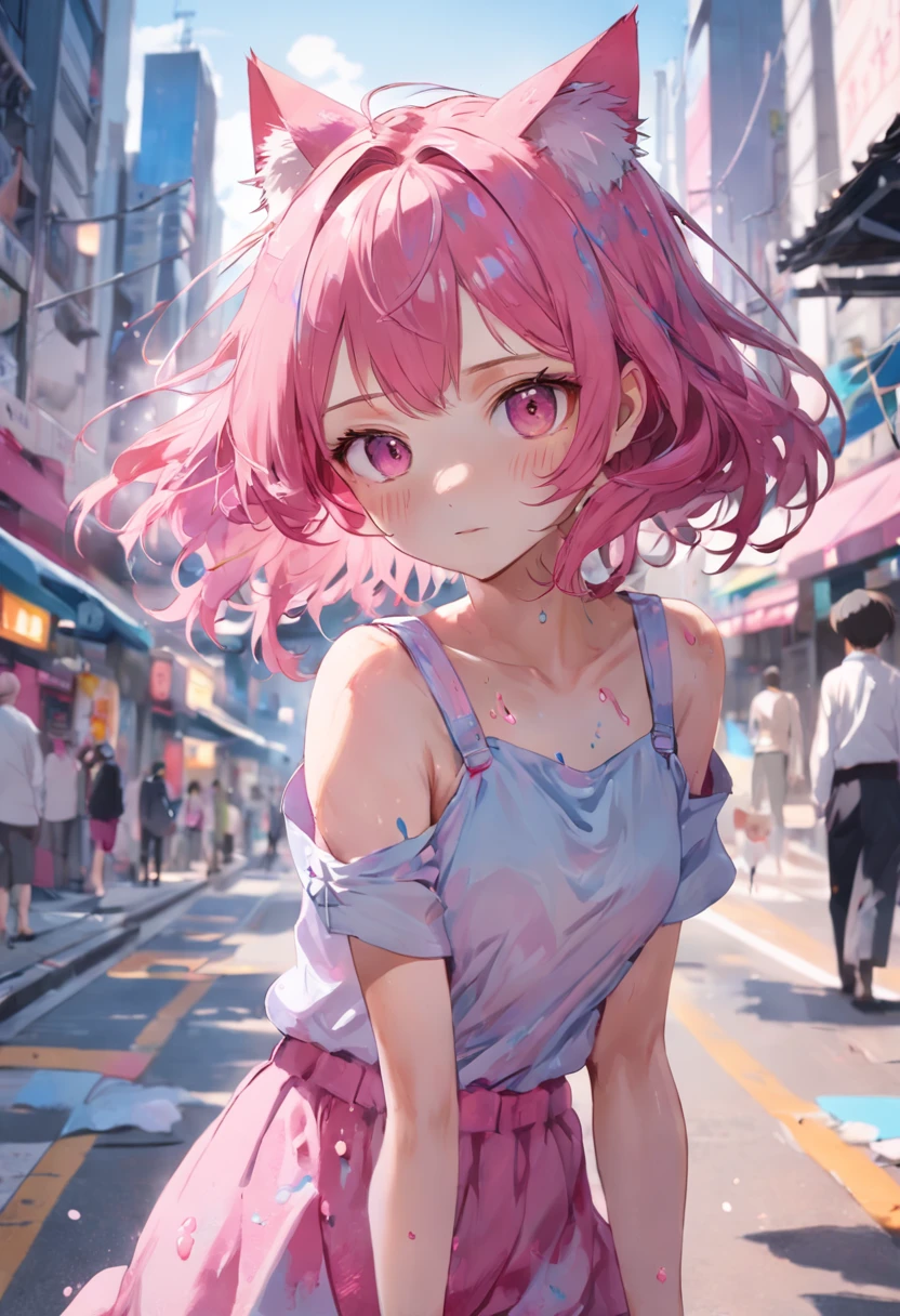 (best qualtiy)、(masterpiece:1.2)、(colourfull:0.9)、((Ink splashing))、(Color scattering)、(watercolor paiting)、Crisp focus、model shot、(((fullllbody)))、
(Summer portrait:1.5)、Cute look、Cat's ears、Elegant pink hair、beautiful detailed face and eyes、Cute clothes、((Urban city background))、TOKYOcty、
Urban cityscape、(Lie in the field with your eyes closed、Sleep with a happy face)、涎