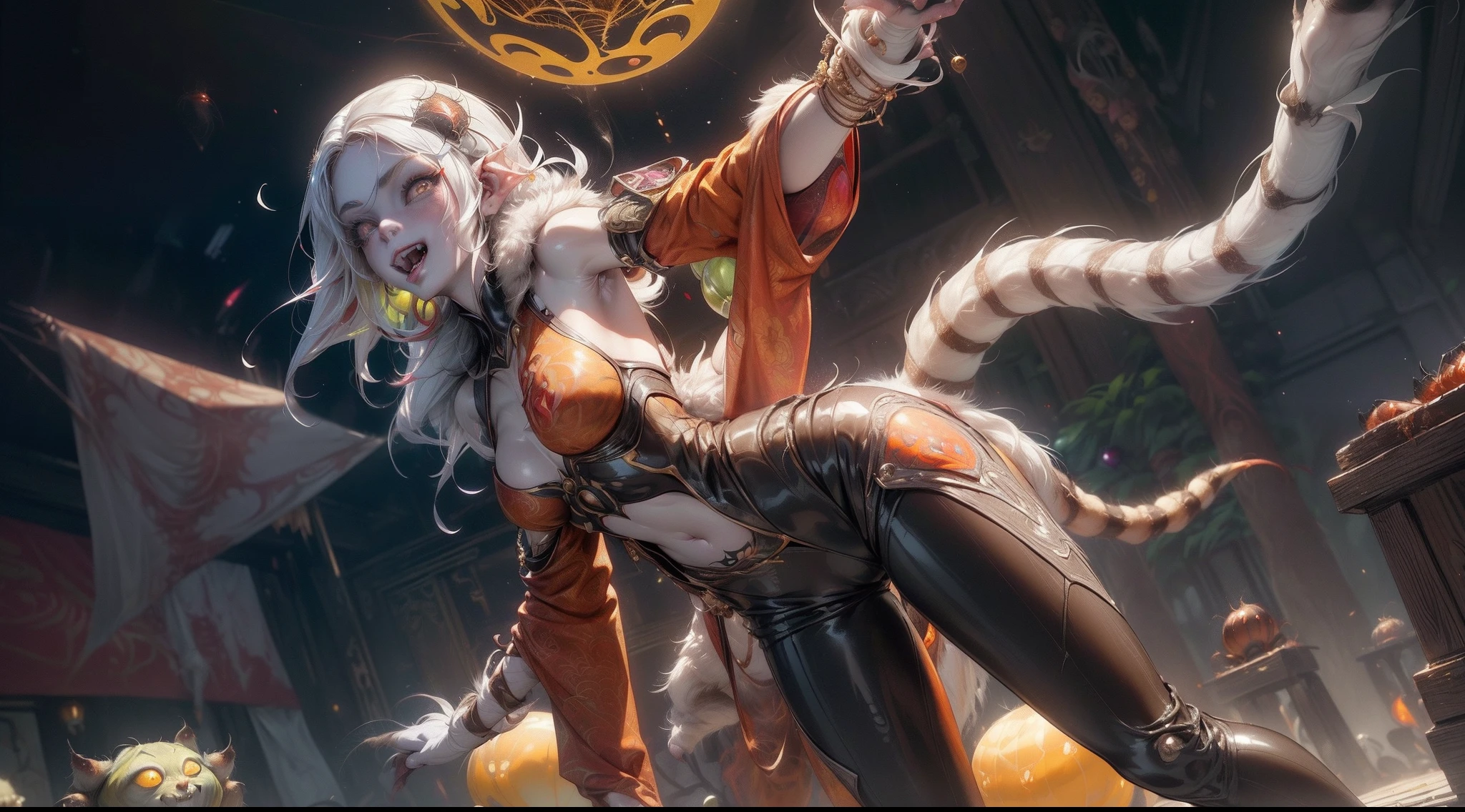 horns ({spider_silk|fur}, silk, fur) ({(arachna:1.65)|human_female|(goblin:1.15)}:1.25) girl, 1girl, perfect and well designed glowing shiny eyes, (beautiful detailed eyes:1.05), natural breasts, slim body, beautiful and delicate cute face, (face detail), ((realistic face)), pores, ((pale grey skin)), detailed skin, realistic skin, (((bioluminescence))), ((shiny skin)), ((glowing speckles on skin)), (pointy ears), (fangs:1.5), (multicolored gradation skin), (fur body:1.8), (muscular, fit:1.3), human face, ((monster girl)), medium length hair, hair voluminous, (((((multicolored gradation hair))))), super high resolution, 8k, parameters Best quality, (masterpiece:1.4), (magic accessories:1.4), bracelets, extremely detailed thick tight ({nylon|lycra}, {latex|vynil}:1.5) pastel bright ((red, yellow:1.6), (black:0.5)) ornate ((bodysuit pants:1.2), (dress:0.85), (kimono:1.25), (chinese cloth:1.1), (skirt, miniskirt:0.5)), (tight clothes on breasts), (standing nipples under cloth:1.0), (cameltoe:0.85), (ornaments on clothing:1.6), (neckline:1.3), (cleavage), decolette, navel, Young Girl, Little Beast, (Smile:0.7), (pale Skin:2.0), ((tattoos all over body, Tribal tattoos all over legs)), ultra detailed, photorealistic, ((Real image)), (best quality:1.4), super high resolution, (Realistic 2.0), More details, (((1girl))), ((mountains temple:0.85), cyberpunk, (futurism:1.5):1.2), technologies, (beautiful and aesthetic:1.2), (fractal art:1.4), (cinematic light:1.1), DUTCH ANGLE, 16K, HDR, RTX, Ray Tracing, Radiosity, Anisotropic Filtering, Subsurface Scattering, (((magic lights))), metallic reflections, Detailed, Realistic, 4k highly detailed digital art, (cool_color), extremely detailed CG unity 8k wallpaper, vibrant colors, (((seductive pose)))