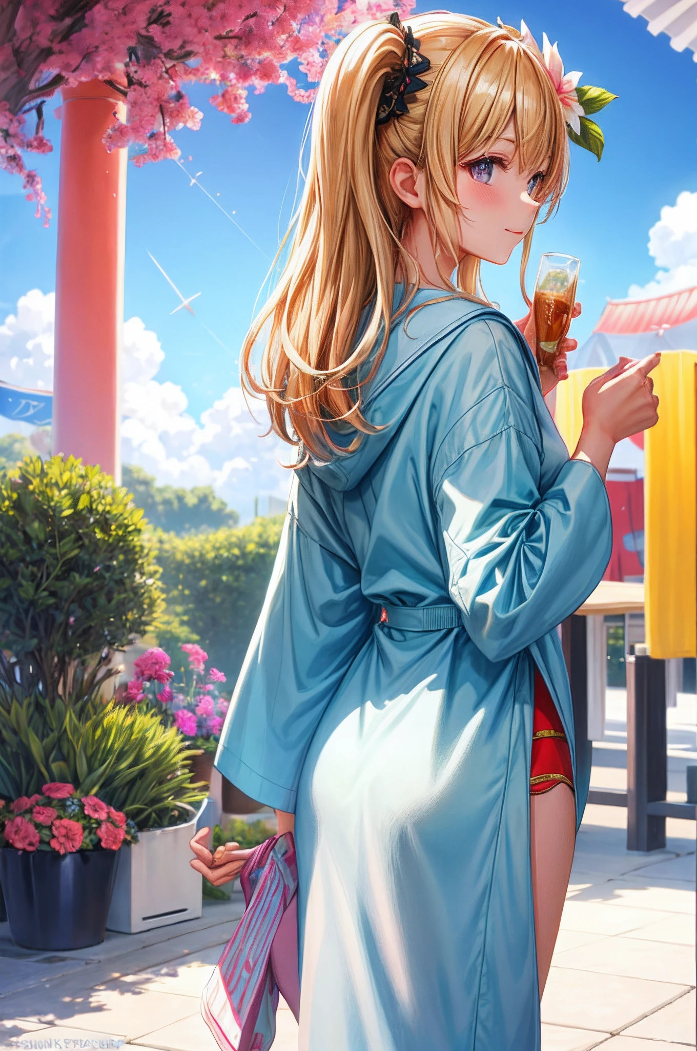 Summer Festivals、skyrocket,lesbians、posterior view、nigh sky、bathrobe