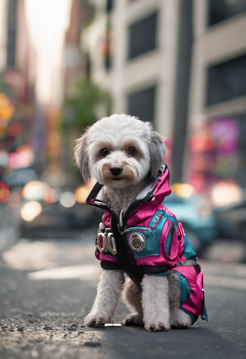 Cute and cool stickers, poodle, Fluffy lid, White background, cute puppies in full growth cypunk in jacket, boombox, iso-distance view, Cinematic, Hyperrealistic, back lit lighting,very low angle, Highly detailed, zoomout, rendered in unrealengine,