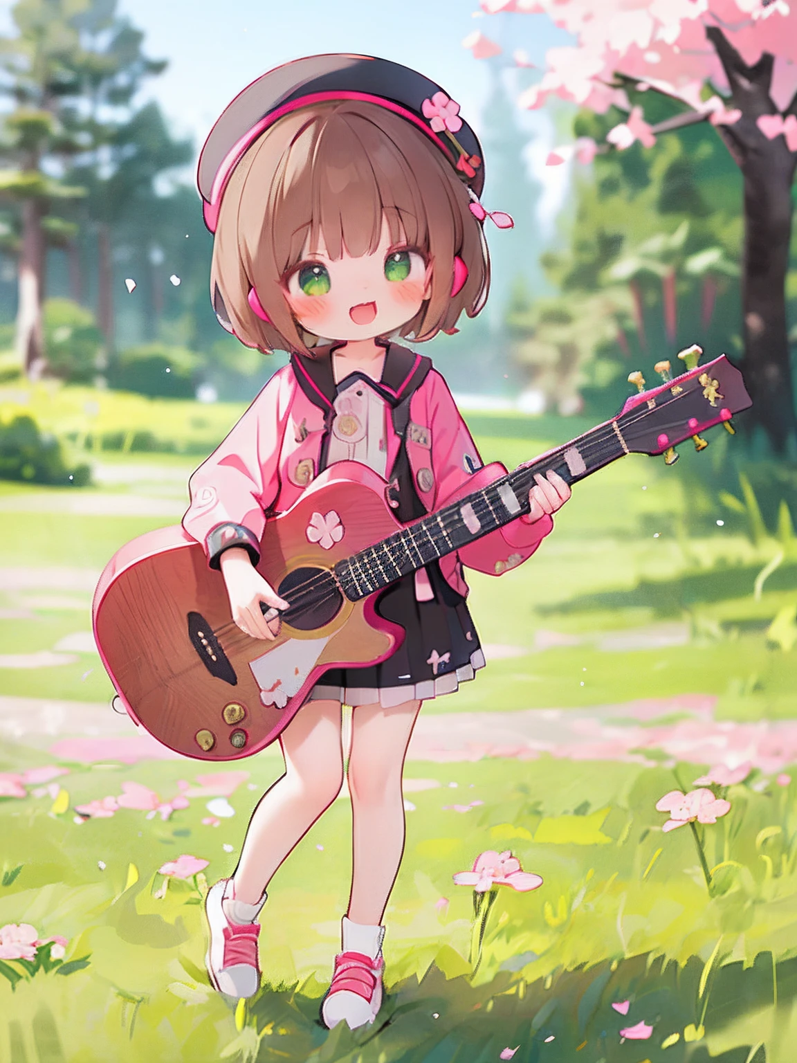 (masterpiece),(best quality),(ultra-detailed), (full body:1.2),
1girl,chibi,cute, smile, open mouth,
flower, outdoors, playing guitar, music, beret, holding guitar, jacket, blush, tree, :3, shirt, short hair, cherry blossoms, green headwear, blurry, brown hair, blush stickers, long sleeves, bangs, headphones, black hair, pink flower,
(beautiful detailed face), (beautiful detailed eyes)