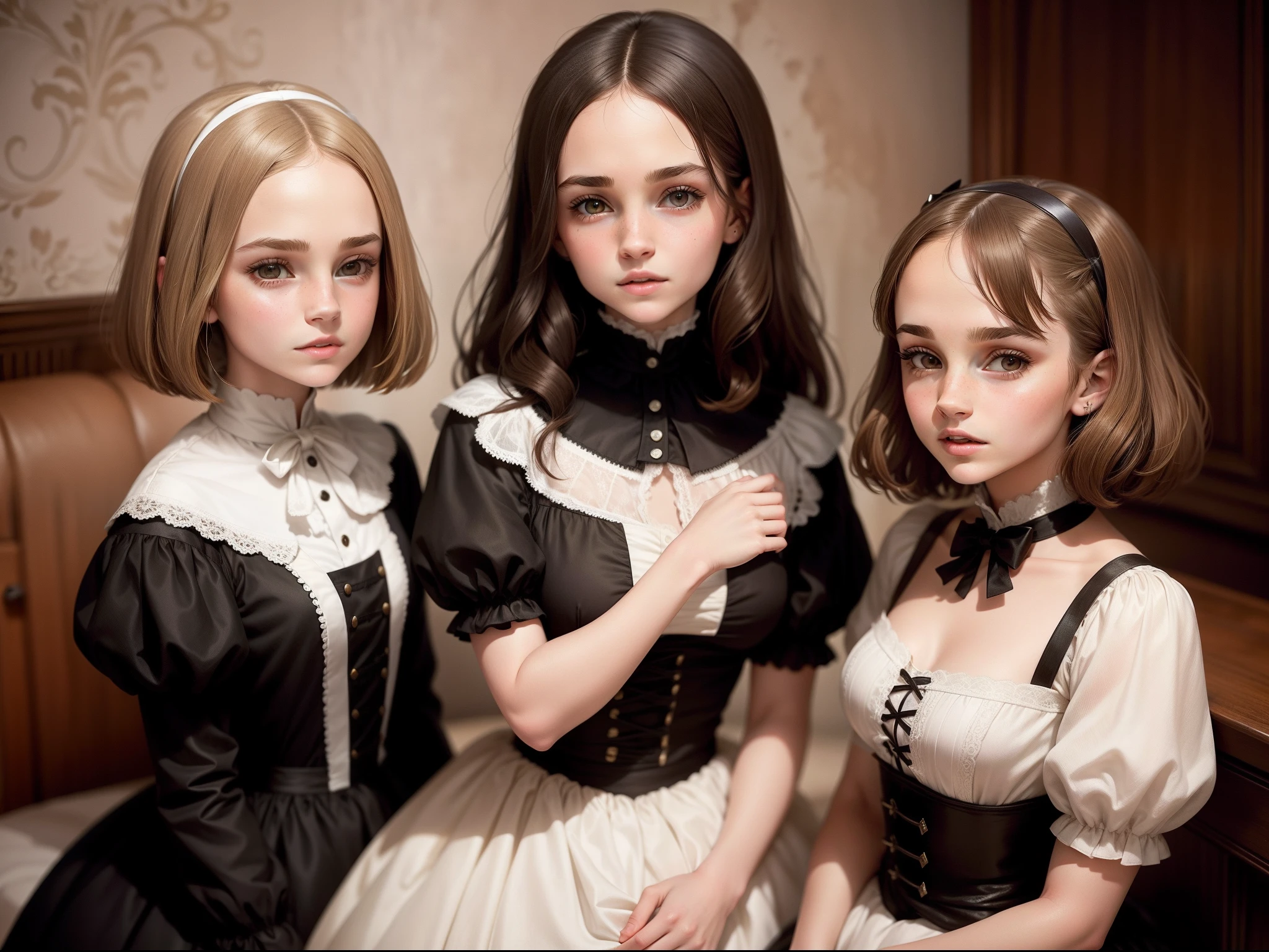 ten girls, Emma Watson with long brunette hair, and Natalie Portman with a bob haircut. Both dressed as maids. The year is 1888