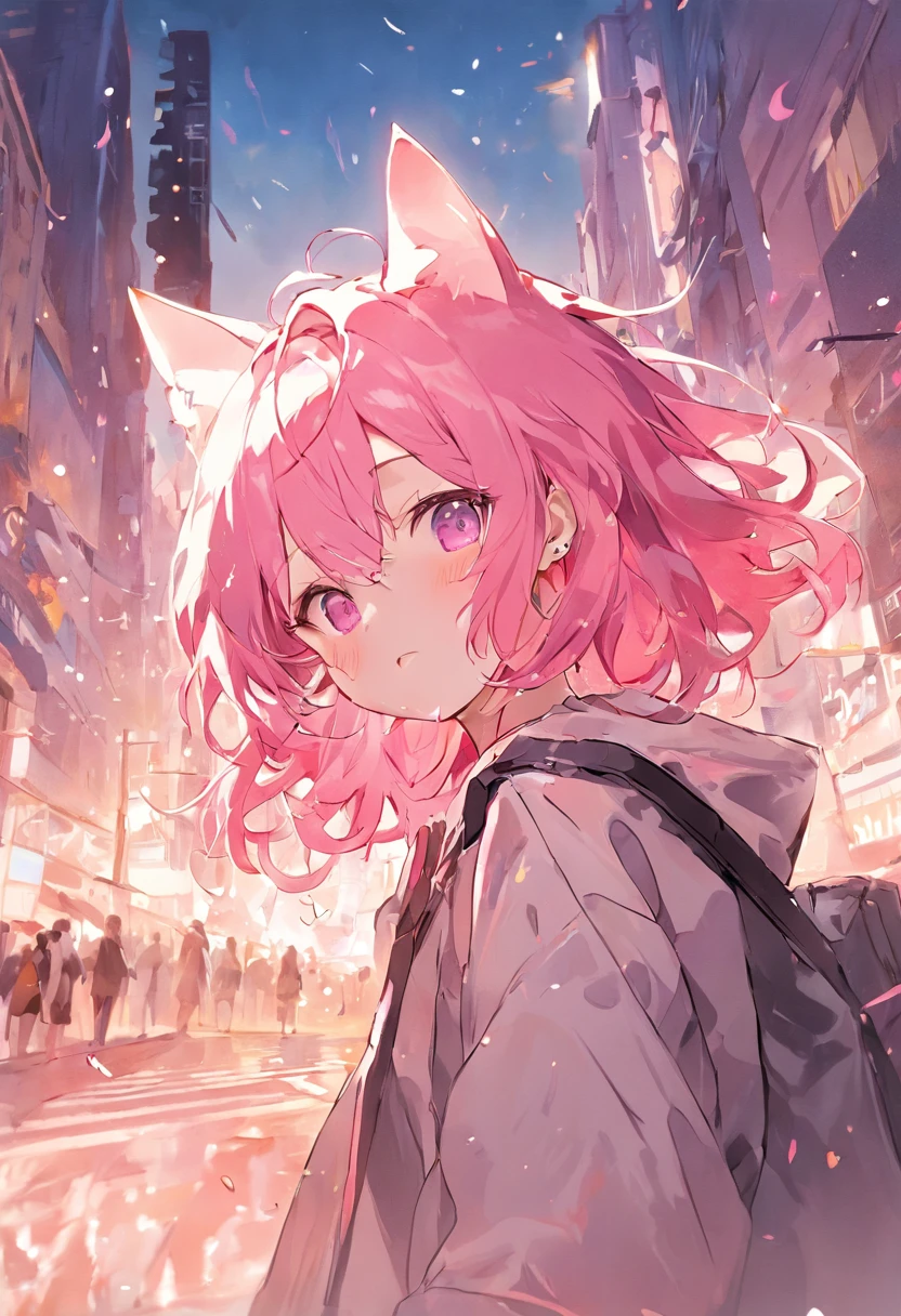 (best qualtiy)、(masterpiece:1.2)、(colourfull:0.9)、((Ink splashing))、(Color scattering)、(watercolor paiting)、Crisp focus、model shot、(((fullllbody)))、
(Summer portrait:1.5)、Cute look、Cat's ears、Elegant pink hair、beautiful detailed face and eyes、Cute clothes、((Urban city background))、TOKYOcty、
Urban cityscape、(Lie in the field with your eyes closed、Sleep with a happy face)、涎