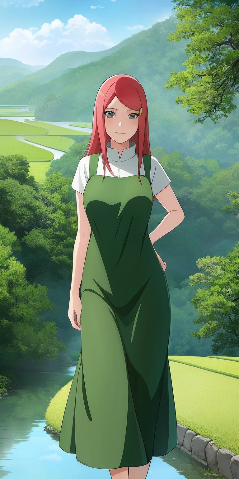 uzumaki_kushina, large_breasts, standing, solo, kushina_green_dress, masterpiece, best quality, detailed face, detailed eyes, highres, smile, ghibli, scenery, background, (masterpiece:1.4, best quality:1.2), kawaii, (beautiful eyes, beautiful face), anime screencap, (Highres), (Detailed Illustration), Ultra-Detailed, sunny day,
midi, looking at viewer, from low,
outdoor, country scenery, summer rice fields, shallow and narrow streams,