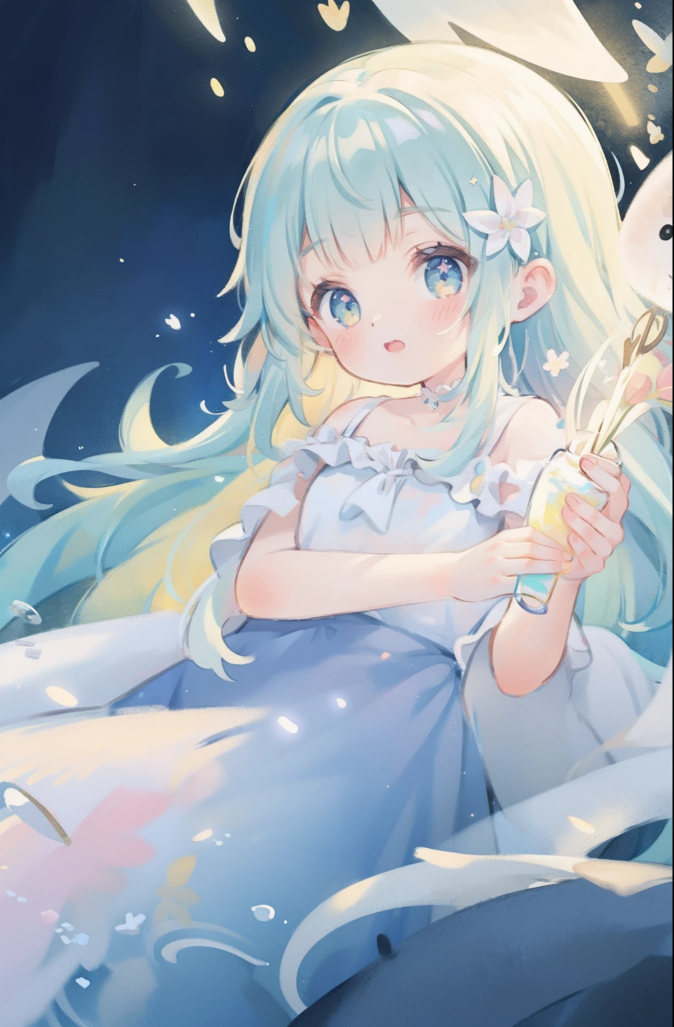 masterpiece, best quality, sharp focus, 8k, intricately detailed environment, anime, watercolor illustration, colorful, bright colors, whimsical, glowing lights, liquid otherworldly, fairy lights, beautiful girl in flowing liquid glowing dress, perfect face, golden ratio, sparkling eyes, watercolor, liquid light, angel wings