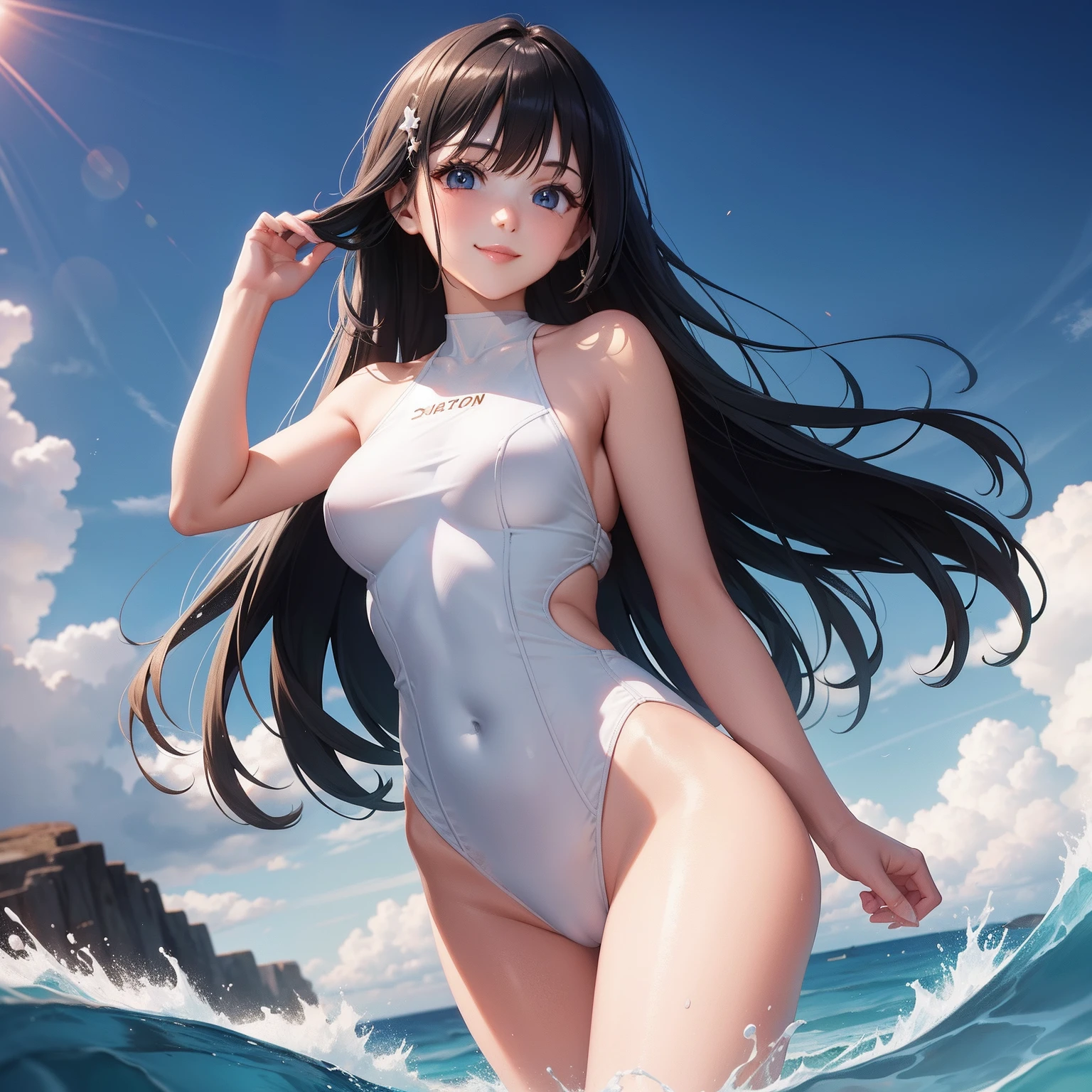 Pretty girl　White glowing one-piece swimsuit　　a smile　Sunset　A dark-haired　Long　sea side