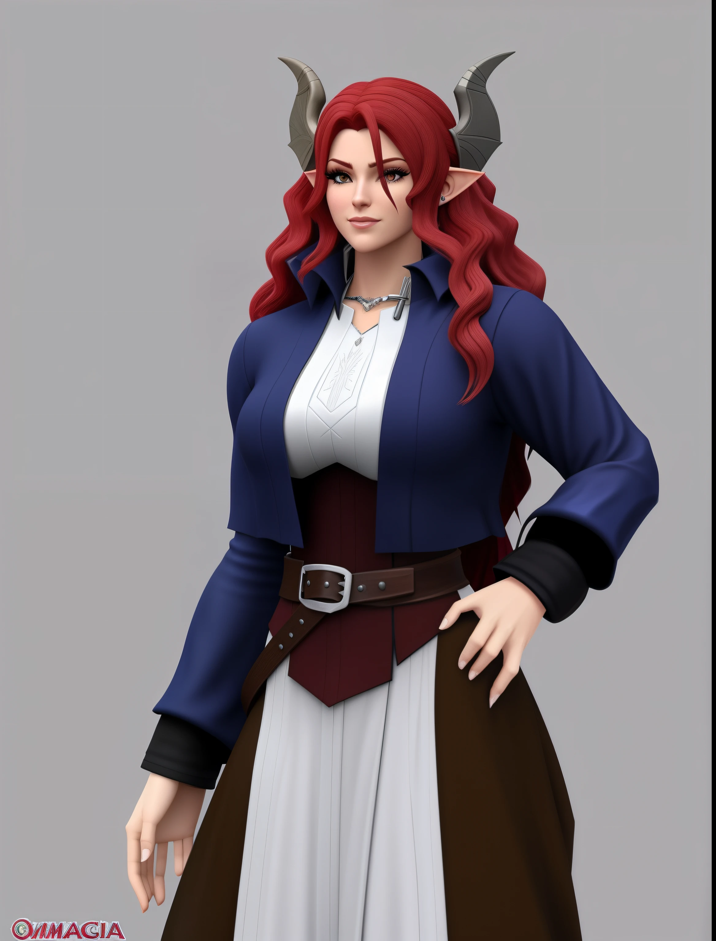 um close up de um personagem de desenho animado com um cabelo ruivo, render de mirabel madrigal, poderosa feiticeira rechonchuda, valkyrie style character, half-dragon woman, dragon horns, 2 d render, Fantasia, como um caractere d&d, Personagem de RPG, personagem feminina, Peitos grandes, Anime_style, personagem de fantasia hiperdetalhado