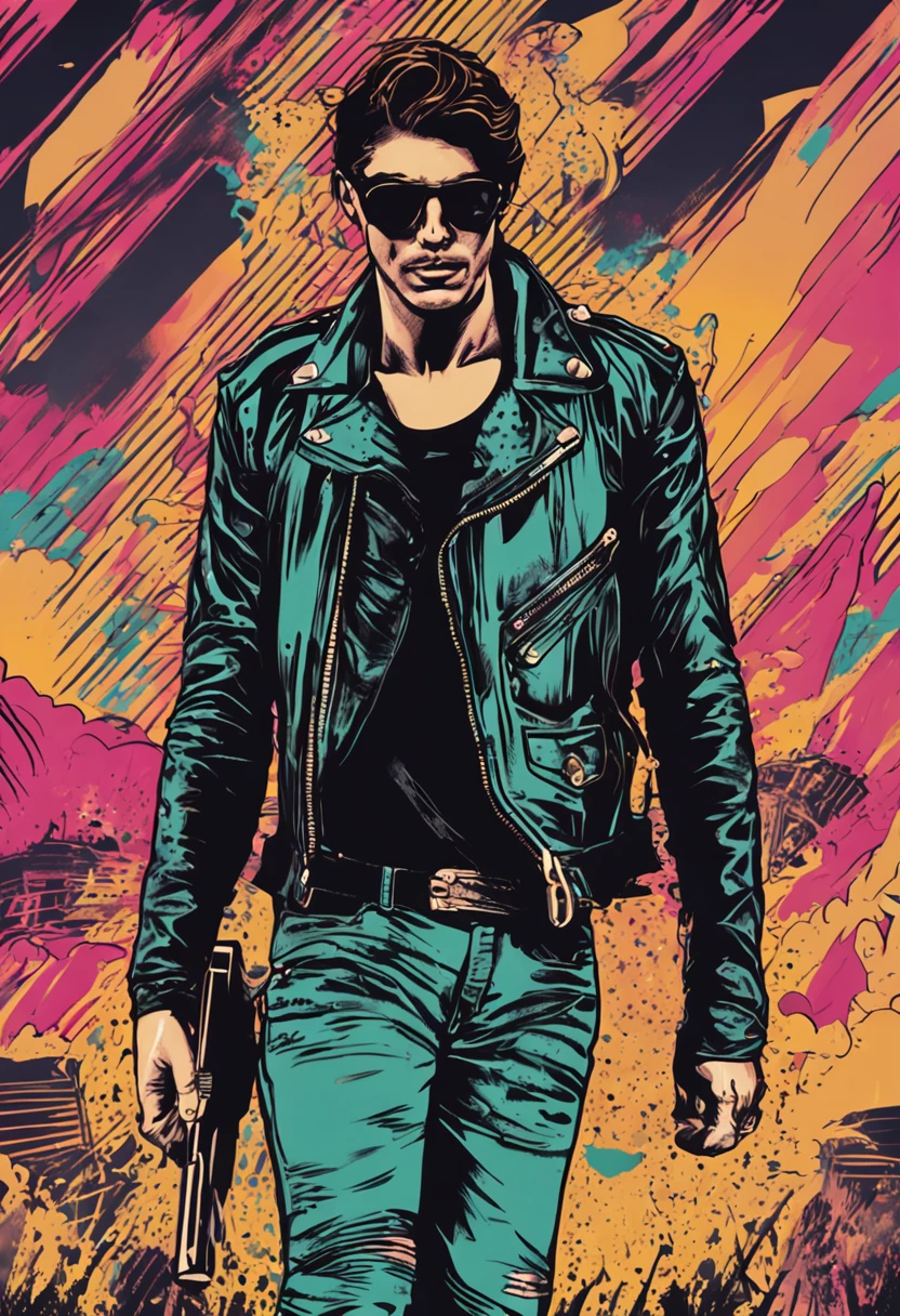 quero um guaxinim estrela do rock, com pose de palco, leather jacket and sunglasses
