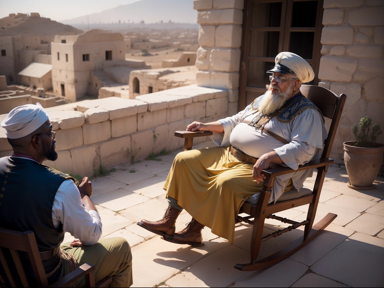 fat old man sitting in a rocking chair in ancient Israelite clothing on a rooftop of ancient Israelite homes talking to a soldier in battle dress.