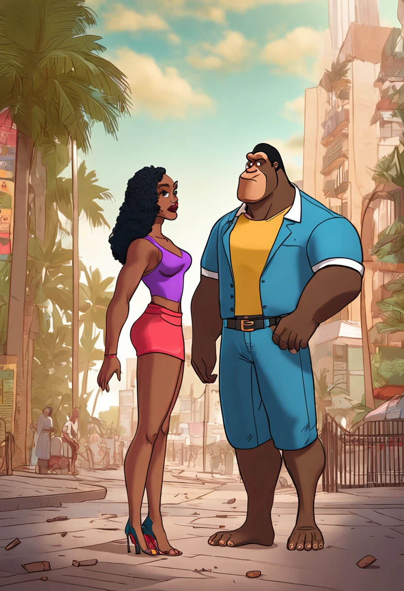 Family guy art style, photorealistic, cartoon, animation, ultra-realistic,3D, artstation, cgsociety, 8k, award-winning photography of a beautiful woman posing sexy, standing spreading her legs wide open, big butt, thin waist, thick thighs,) with a big Gorilla man standing behind her, (multi-color hair:1.2), cheekbones, detailed face, Dark skin tone, African, curvy, (no clothing on:1.5), double eyelid, (Gigantic breast:1.5)
