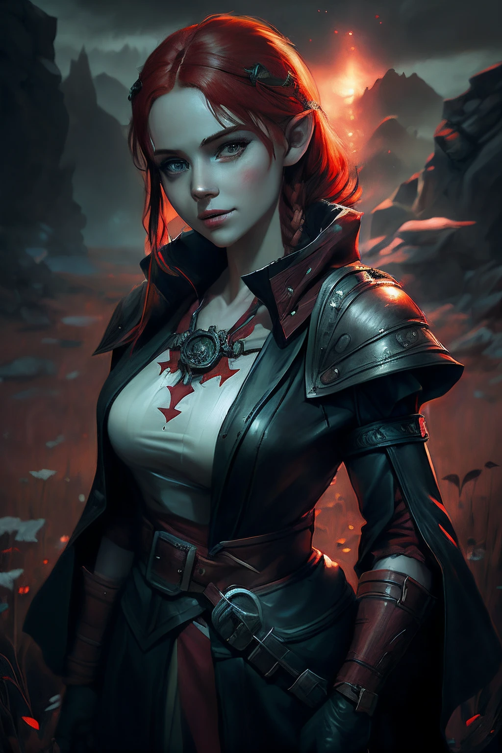 Witch with red hair and leather robe, standing in the field, alexandra fomina artstation, female redhead templar, artgerm julie bell beeple, epic fantasy digital art style, alena aenami and artgerm, trend on artstation, fantasy concept art portrait, epic exquisite character art, dark fantasy style art, Artstation contest winner, Elf, young girl