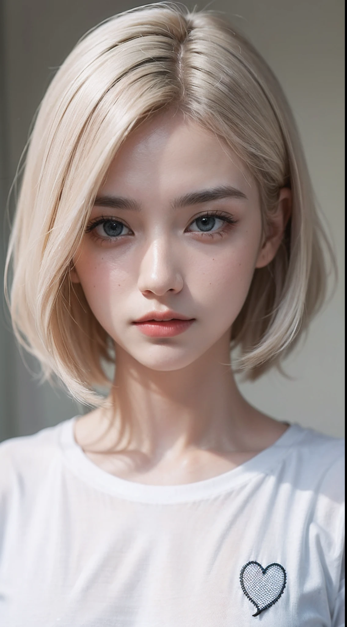 with short white hair，The upper part of the body，Delicate facial features，photorealestic，Eyes are confused，Kizi，White T-shirt，brassier，Front lens