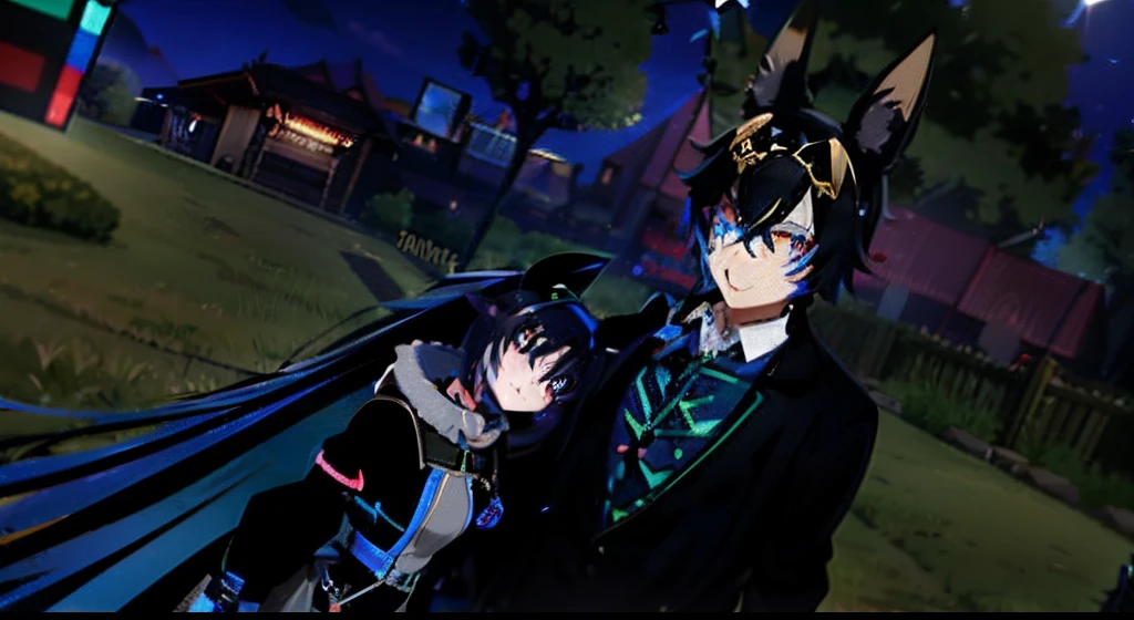 anime characters dressed in black and blue standing in a field, vrchat, hidari and vlop, one blue ) and huge bat ears, nixeu and sakimichan, second life avatar, john egbert, blue and black, with blue skin, sakimichan and frank franzzeta, tumblr, imvu, 8k!!, happy!!!