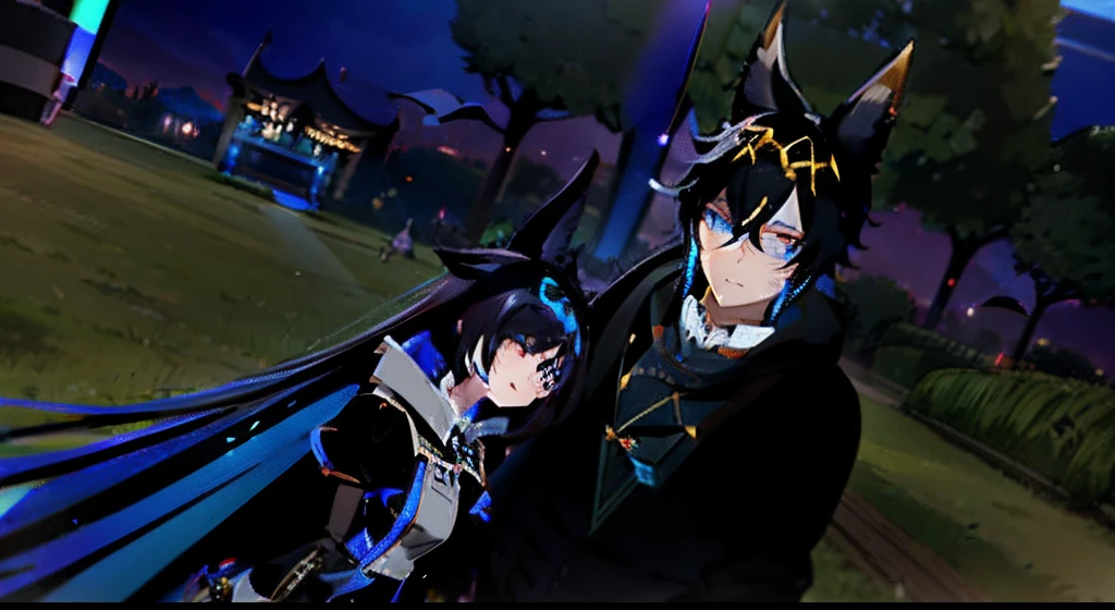 anime characters dressed in black and blue standing in a field, vrchat, hidari and vlop, one blue ) and huge bat ears, nixeu and sakimichan, second life avatar, john egbert, blue and black, with blue skin, sakimichan and frank franzzeta, tumblr, imvu, 8k!!, happy!!!
