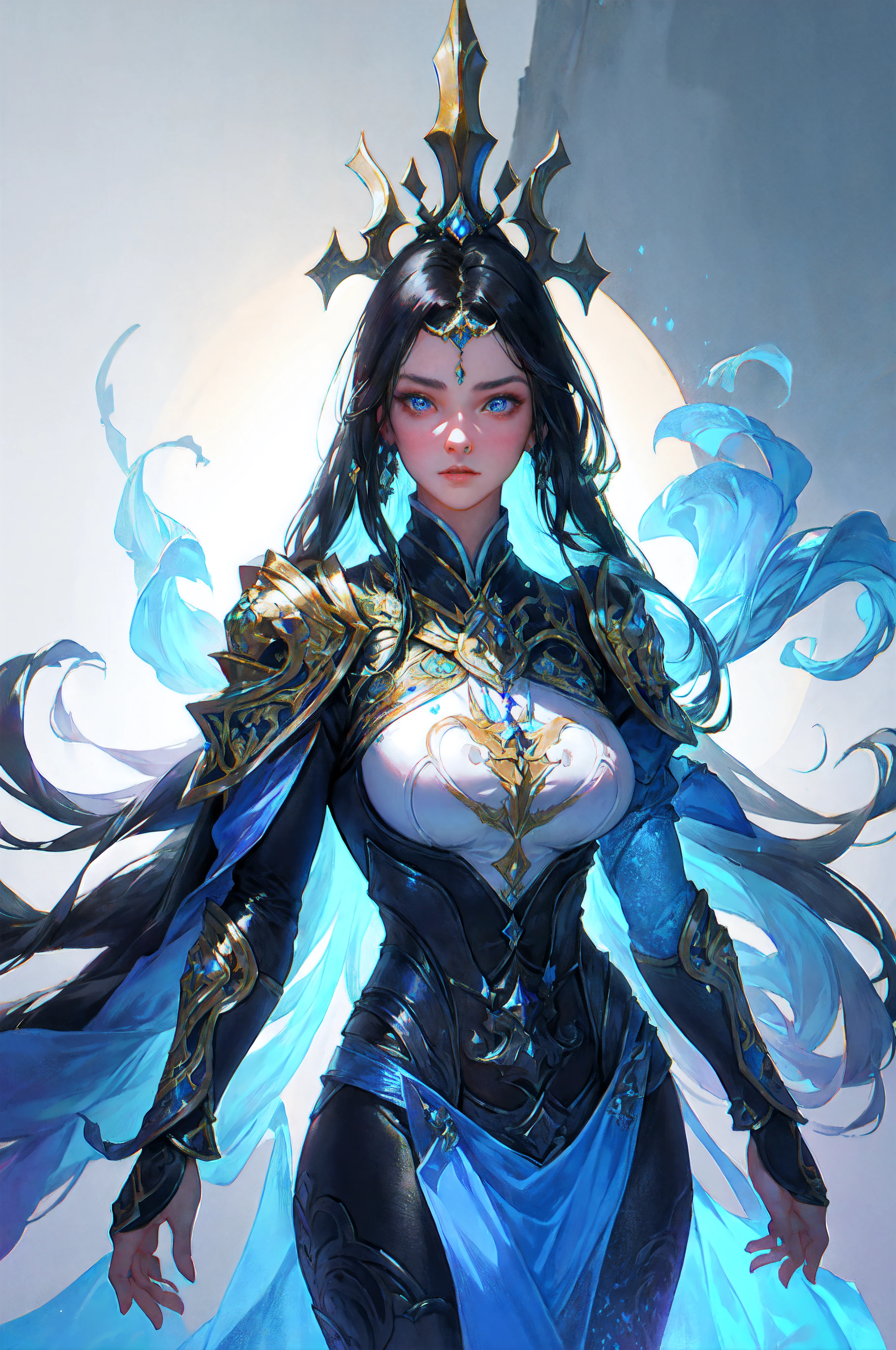 upper body，1girl, depth of field, official art, unity 8k wallpaper, ultra detailed, illustration, beautiful and aesthetic, masterpiece, best quality, knight, (big breasts), (milf, mature female), (black armor, armor, breastplate), beautiful face, (long hair, black hair,  very straight hair:1.4, hime cut:1.4), blue eyes, cowboy shot, glowing skin, back lighting, athletic figure, muscular female, curvy, wide hips, colorful, looking at viewer, Hyperrealistic, gradient background, dark background, outline, fantasy, from the front, watercolor, traditional media, (chromatic aberration, intricate details)