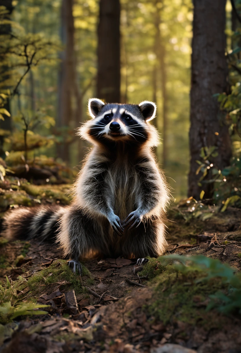 "Meet Rocky Raccoon: The raccoon that turned the forest into an epic rock 'n' roll stage! Com seus olhos brilhantes refletindo a energia dos holofotes, Rocky climbs the trees like they're giant amplifiers, pronto para soltar acordes de adrenalina no ar.