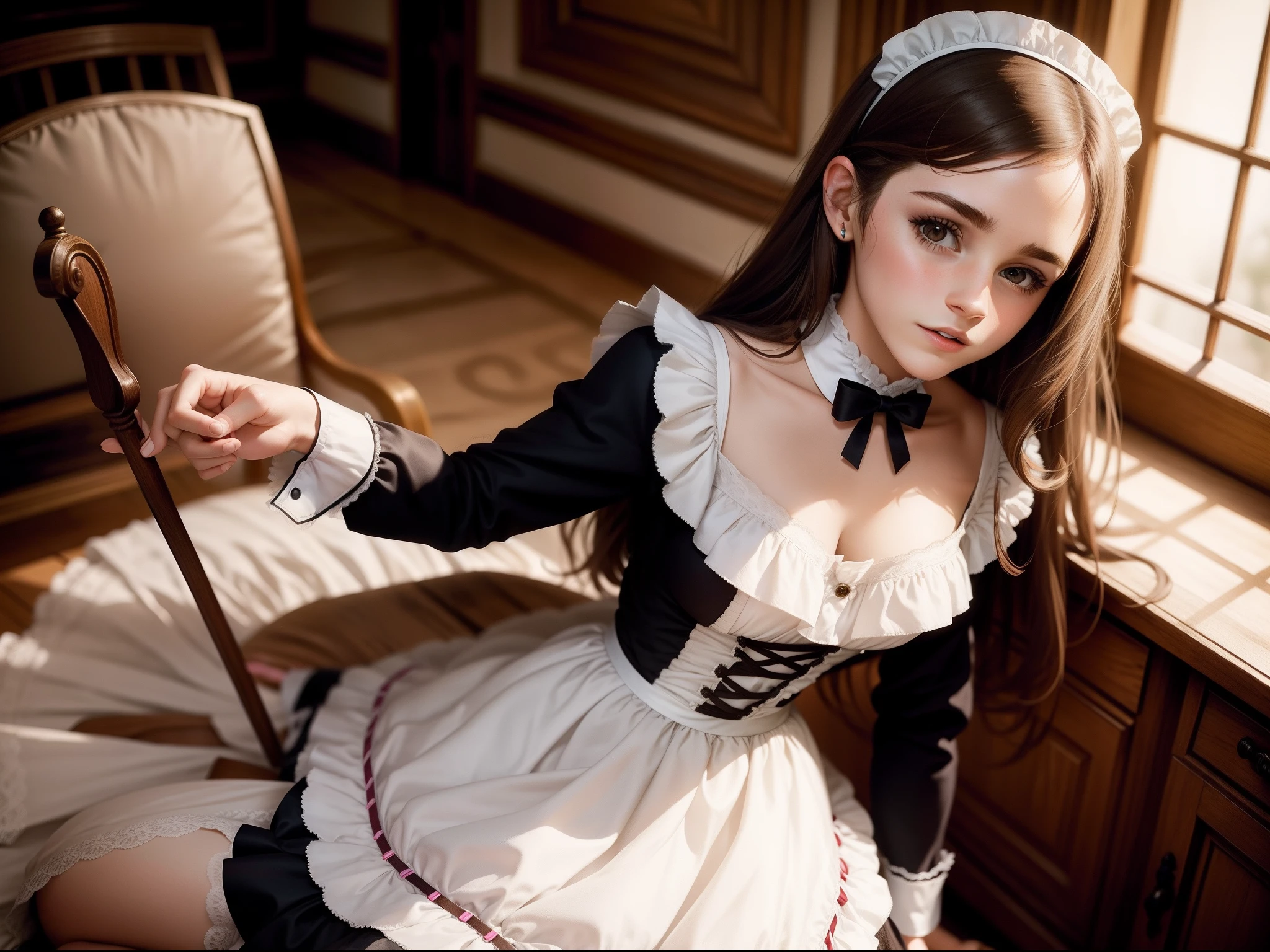 teen Emma Watson with long brunette hair, dressed as a French maid. The year is 1910