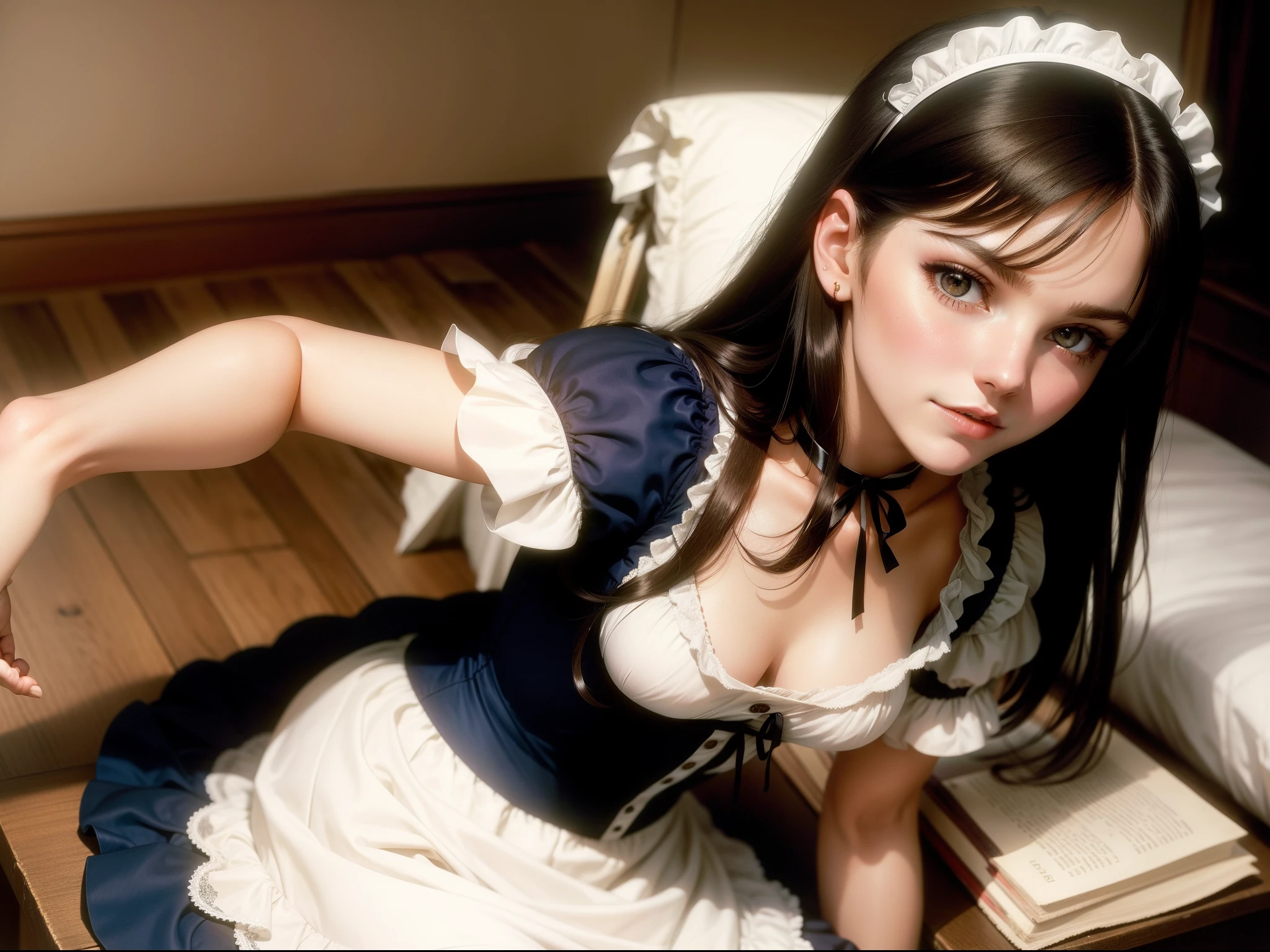  Kirsten Dunst with long brunette hair, dressed as a French maid. The year is 1910