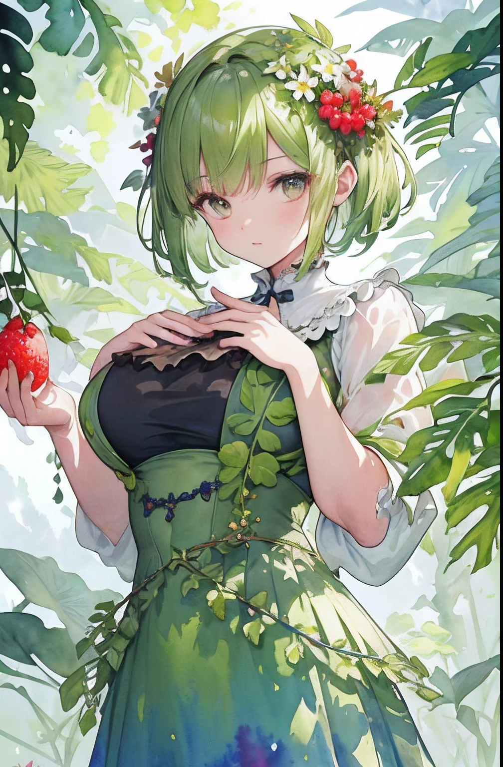 ((incredible detailed), #3b4195 background, Stunning flowers, juicy berries, Leafy fern, Bright leaves, Gentle watercolor pattern), (Impressive watercolor textures), ((1 girl), Adorable shorthair, Cute, hide one's hands)、Colossal tits、Valley