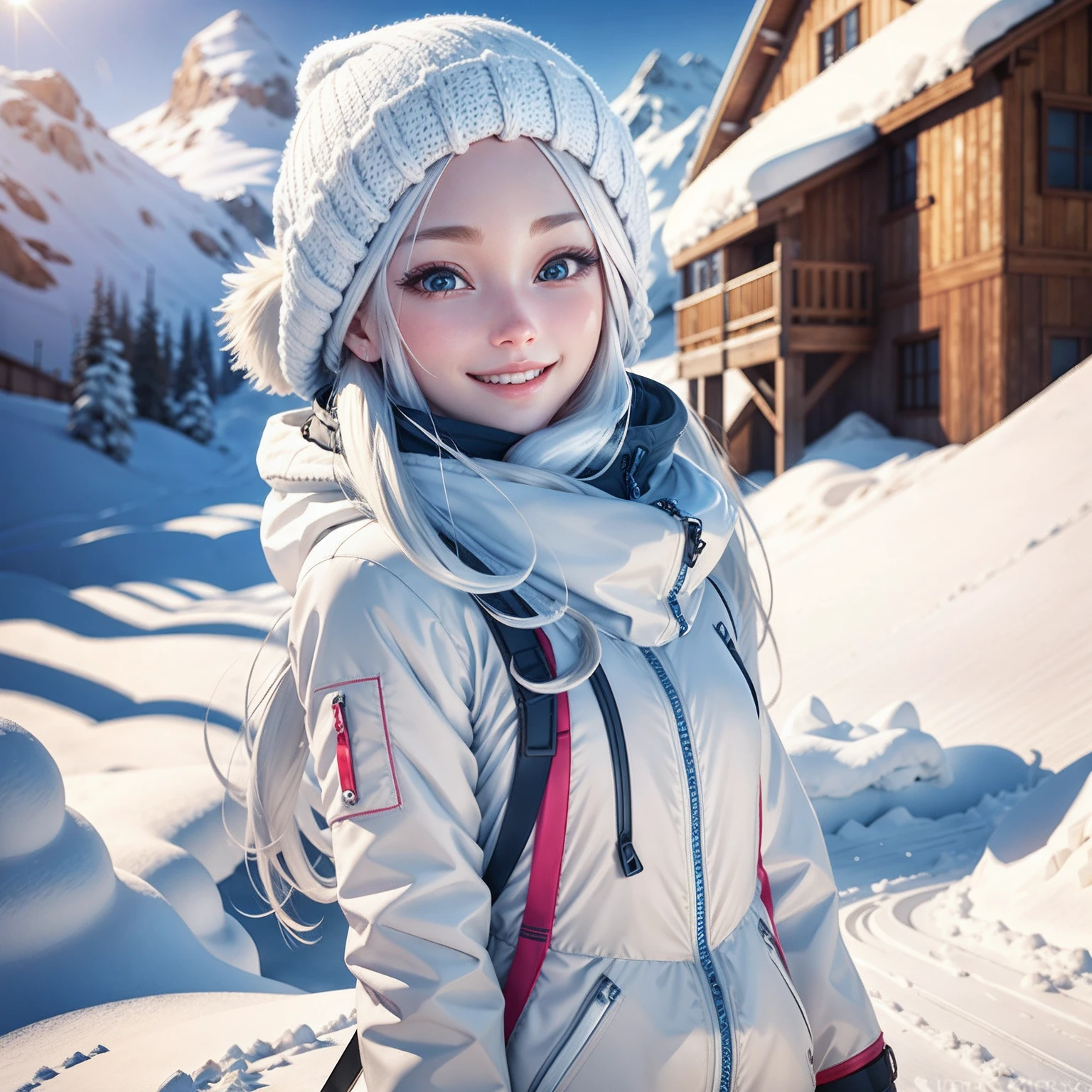 The best smile,long whitr hair，Cold white skin，Stylized 3D rendering，adorable digital art，Cute rendered 3d anime girl，（Exquisite facial features）（Sophisticated look）Ski wear，snow landscape，Ski slopes