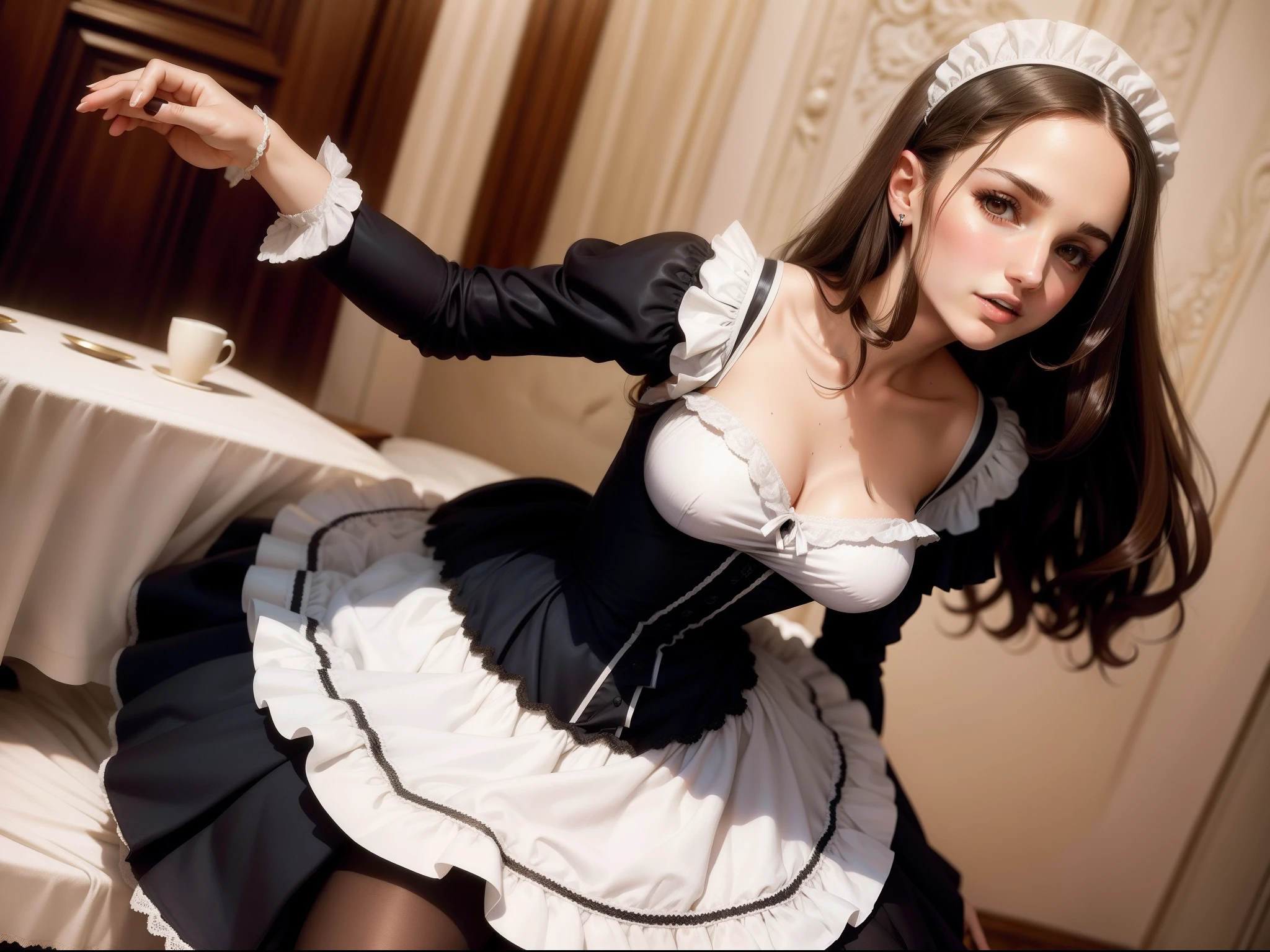 teen Natalie Portman with long brunette hair, dressed as a French maid. The year is 1910