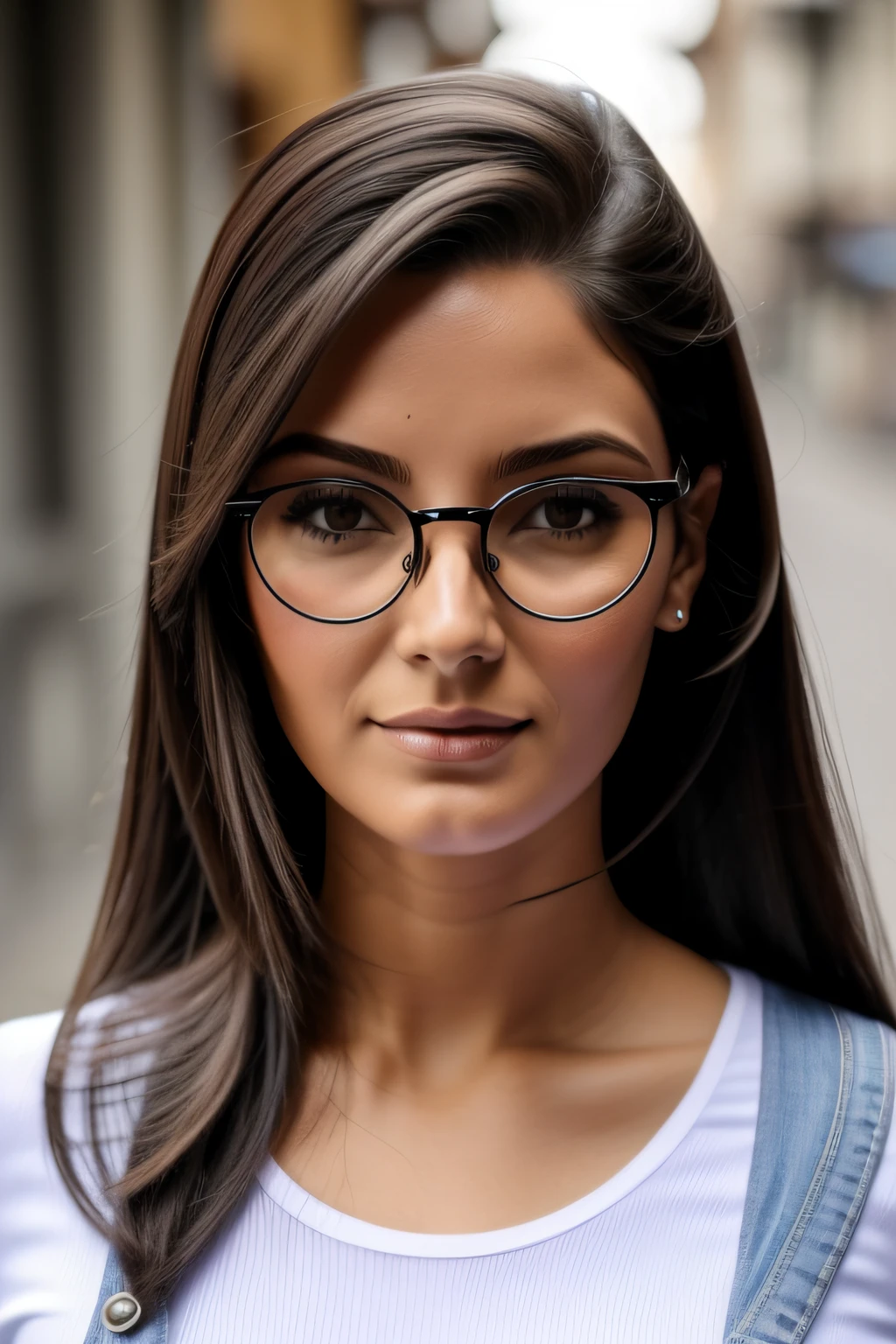 rosto redondo de uma mulher de oculos,pele branca , cabelo curto na cor loiro medio, com blusa branca
