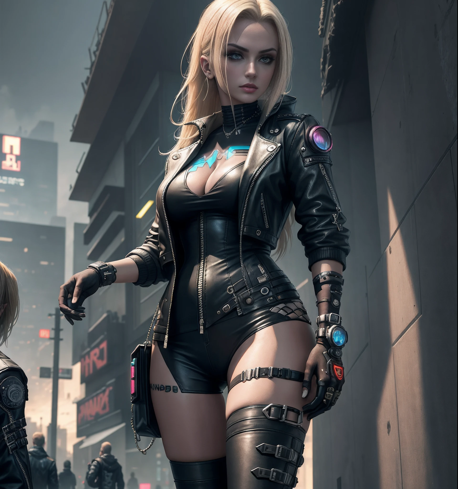 Blonde woman in black leather clothing posing in front of destroyed building, cyberpunk zangada deusa linda, Cyberpunk 2 0 e. o modelo , meninaime cyberpunk feminino, Garota cyberpunk, Fantasia sombria cyberpunk sedutora, garota anime cyberpunk, Cyberpunk femme fatale, Wojtek FUS, cyberpunk menina boniterpunk hero, estilo cyberpunk hiper-realista, cgssociedade, impressionante;, roupa cyberpunk