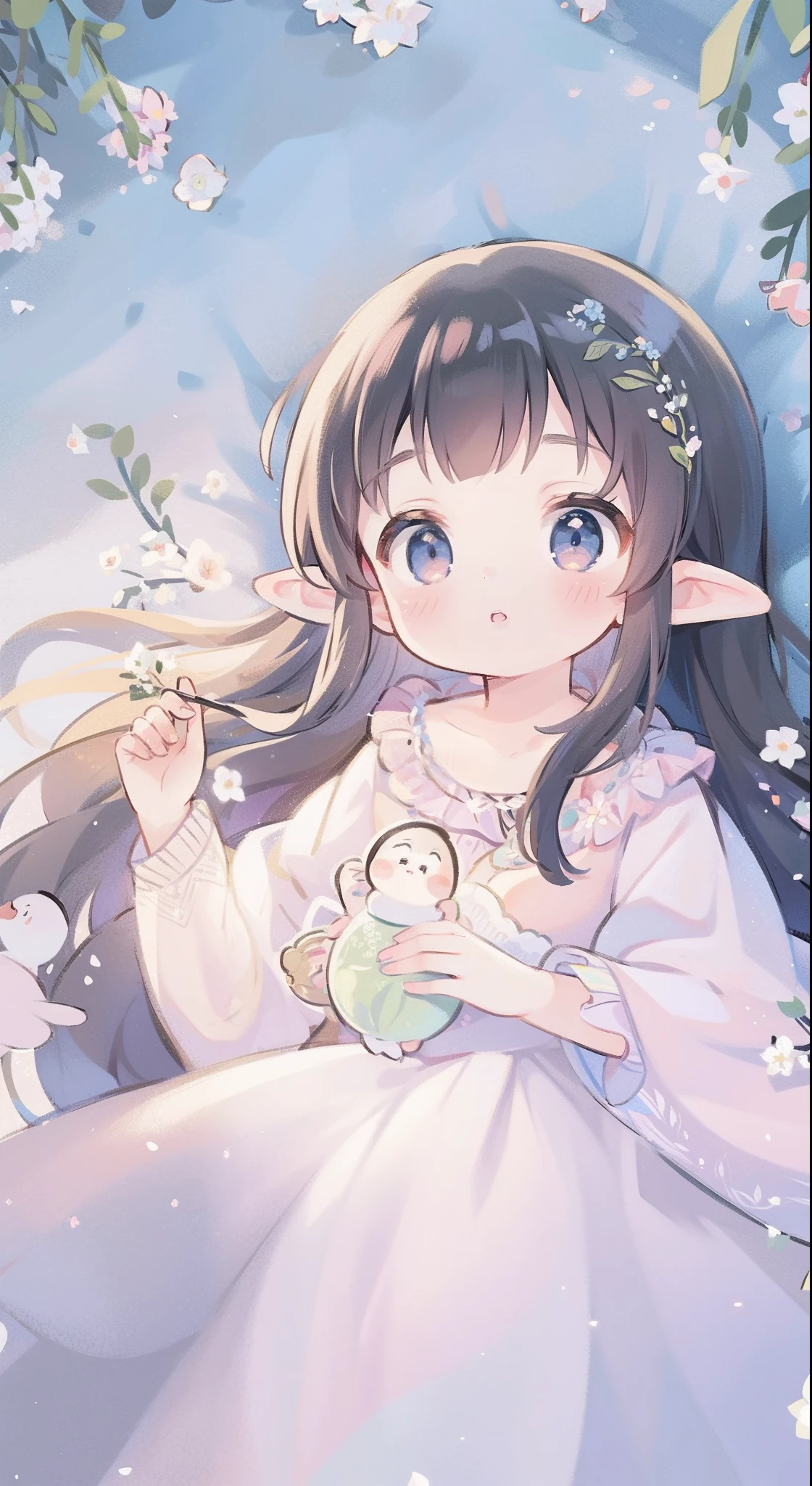 high high quality，tmasterpiece，Delicate facial features，Delicate hair，Delicate eyes，Delicate hair，animemanga girl，deer antlers，Black color hair，florals, Dreamy style, Fantastic flower garden，fantasy style clothing,Romantic dress,  beautiful and elegant elf queen, a beautiful fantasy empress, Fantasy art style, ((a beautiful fantasy empress)), Anime fantasy illustration, high priestess, fey queen of the summer forest, anime art nouveau, goddess of the forest, portrait of an elf queen, A beautiful artwork illustration，8K high quality detailed art（Delicate facial portrayal）（Fine hair depiction）（highest  quality）（Master masterpieces）（High degree of completion）（a sense of atmosphere）8k wallpaper，tmasterpiece，Best quality at best，ultra - detailed
