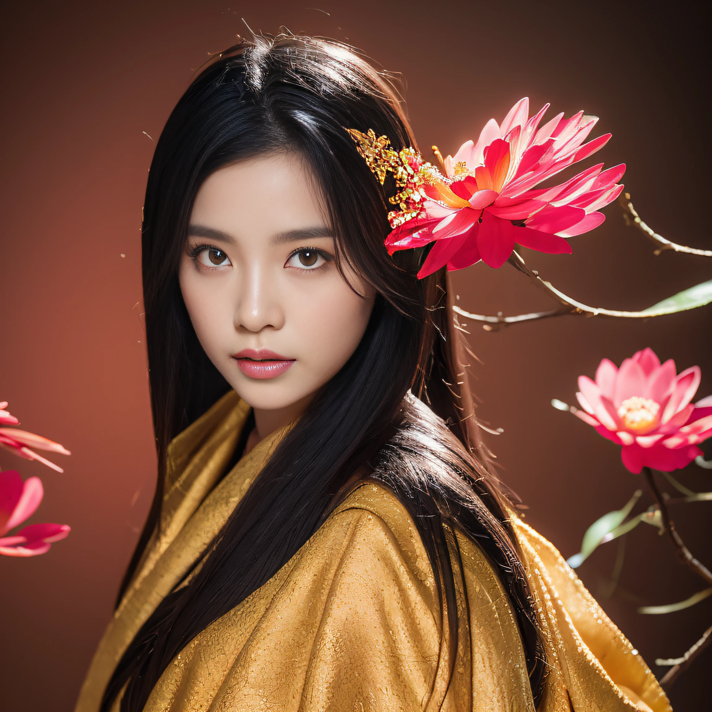 32K(tmasterpiece,k hd,hyper HD,32K)Long flowing black hair,ponds,zydink, a color, Japanese people (Silly girl), (Silk scarf), Combat posture, looking at the ground, long whitr hair, Floating hair, Carp pattern headdress, Chinese long-sleeved clothing, (abstract ink splash:1.2), Pink petal background,Pink and white lotus flowers fly(realisticlying:1.4),Black color hair,Fallen leaves flutter,The background is pure, A high resolution, the detail, RAW photogr, Sharp Re, Nikon D850 Film Stock Photo by Jefferies Lee 4 Kodak Portra 400 Camera F1.6 shots, Rich colors, ultra-realistic vivid textures, Dramatic lighting, Unreal Engine Art Station Trend, cinestir 800,Long flowing black hair