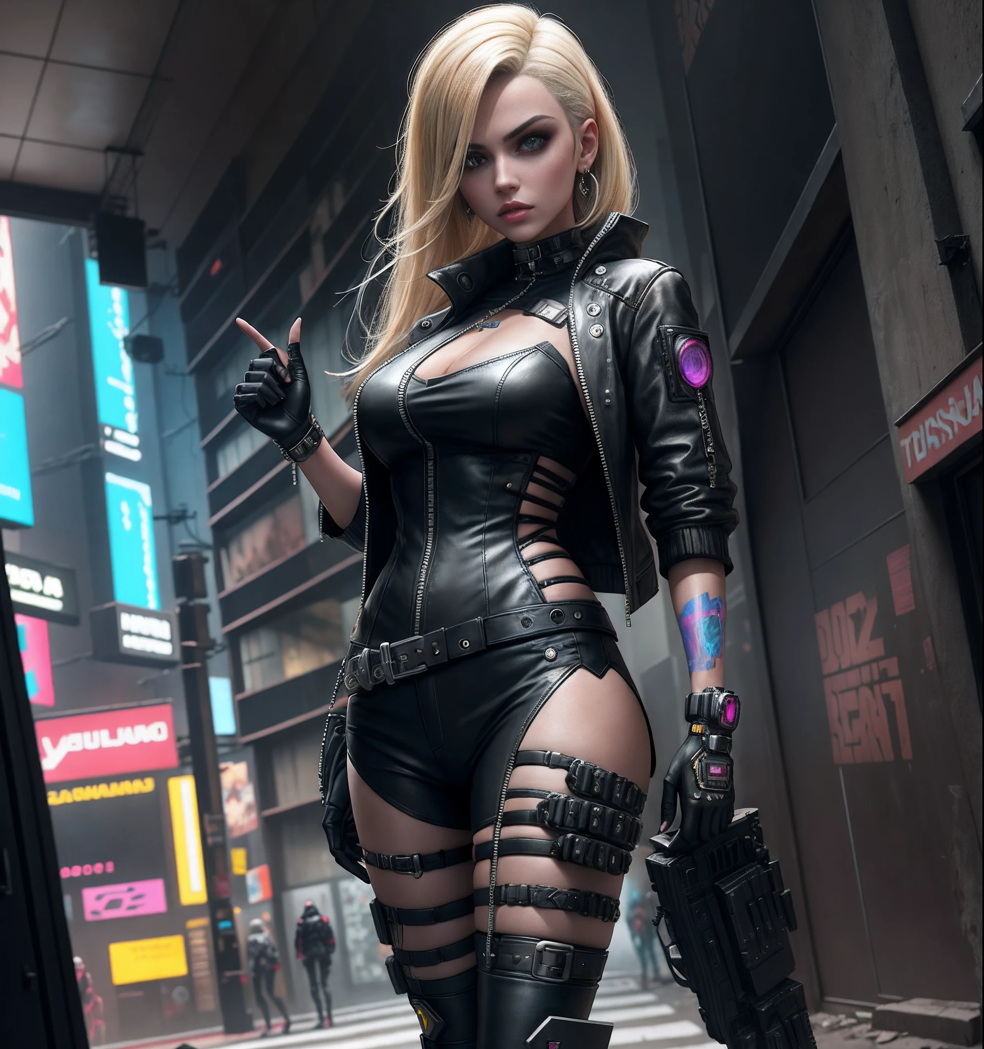 Blonde woman in black leather clothing posing in front of destroyed building, cyberpunk zangada deusa linda, Cyberpunk 2 0 e. o modelo , meninaime cyberpunk feminino, Garota cyberpunk, Fantasia sombria cyberpunk sedutora, garota anime cyberpunk, Cyberpunk femme fatale, Wojtek FUS, cyberpunk menina boniterpunk hero, estilo cyberpunk hiper-realista, cgssociedade, impressionante;, roupa cyberpunk