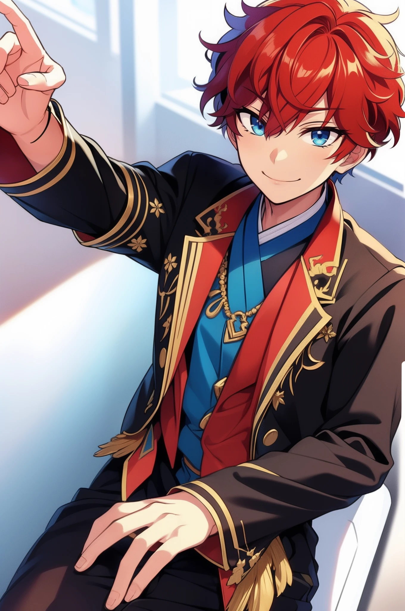 soft smile, small smile, blue eyes, detailed eyes, red hair, hiiro amagi