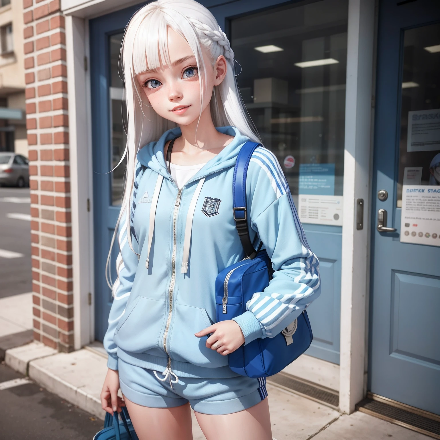 18-year-old girl，Blue cloth white striped tracksuit，adorable smile，long whitr hair，bookbag，Cold white skin，Stylized 3D rendering，adorable digital art，Cute rendered 3d anime girl，（Exquisite facial features）（Sophisticated look)，stand posture，城市