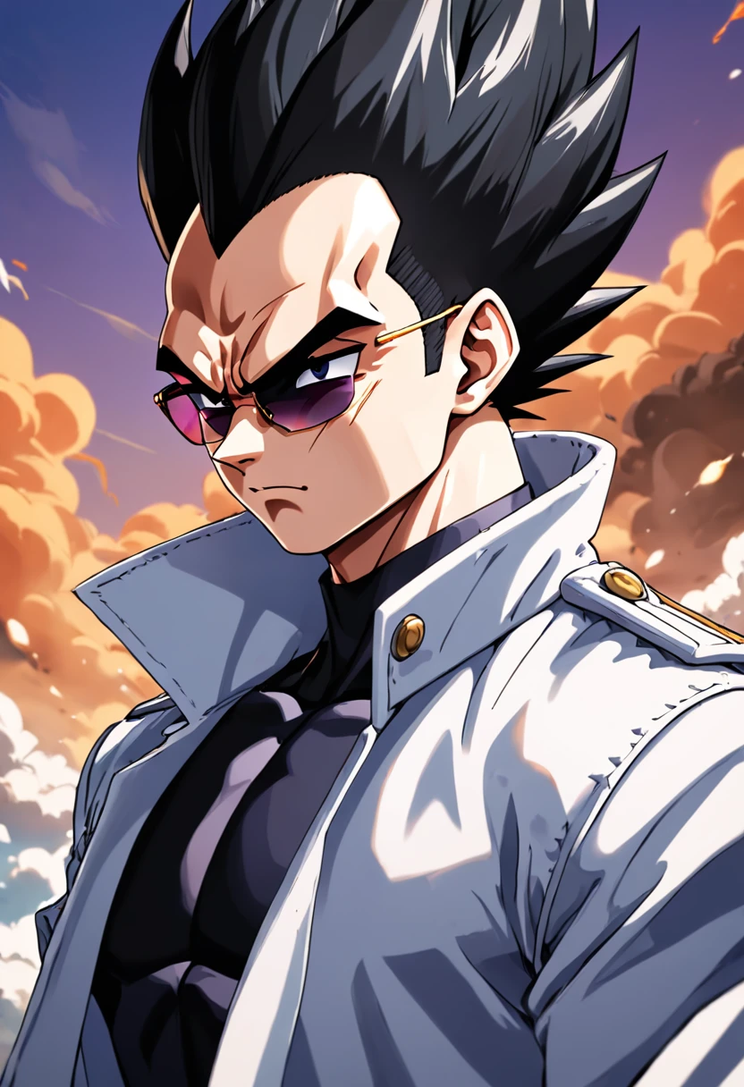 "a detailed artwork by Vegeta in an overcoat and a black shirt wearing sunglasses over his face with a serious expression, Dragon ball z, 4K, 8k, FULL HD, Corps entier, Dragon Ball Art Style, Hyperrealistic drawing style, Clean and detailed anime art, Dynamic background."