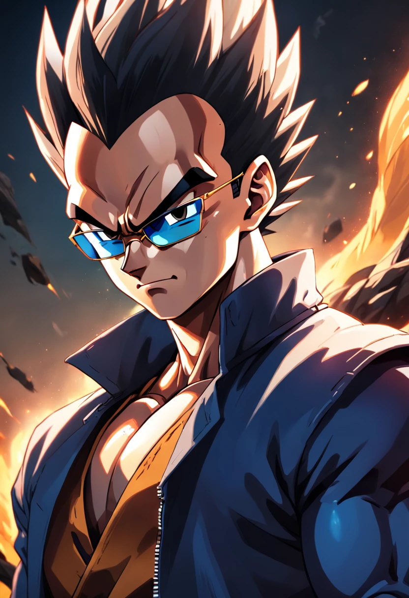 "a detailed artwork by Vegeta in an overcoat and a black shirt wearing sunglasses over his face with a serious expression, Dragon ball z, 4K, 8k, FULL HD, Corps entier, Dragon Ball Art Style, Hyperrealistic drawing style, Clean and detailed anime art, Dynamic background."