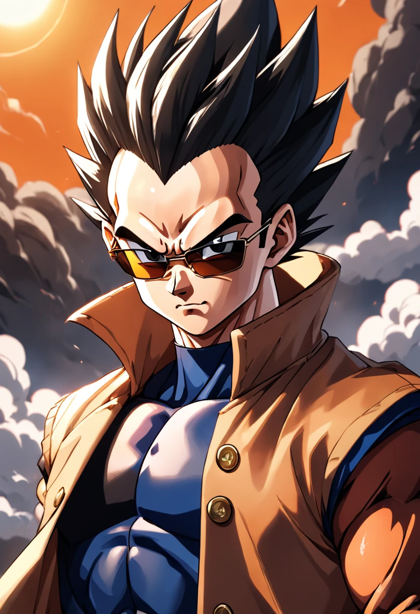 "a detailed artwork by Vegeta in an overcoat and a black shirt wearing sunglasses over his face with a serious expression, Dragon ball z, 4K, 8k, FULL HD, Corps entier, Dragon Ball Art Style, Hyperrealistic drawing style, Clean and detailed anime art, Dynamic background."