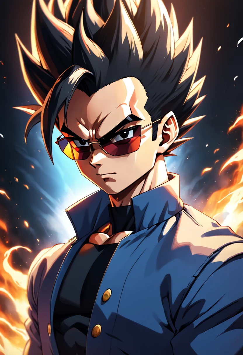 "a detailed artwork by Vegeta in an overcoat and a black shirt wearing sunglasses over his face with a serious expression, Dragon ball z, 4K, 8k, FULL HD, Corps entier, Dragon Ball Art Style, Hyperrealistic drawing style, Clean and detailed anime art, Dynamic background."
