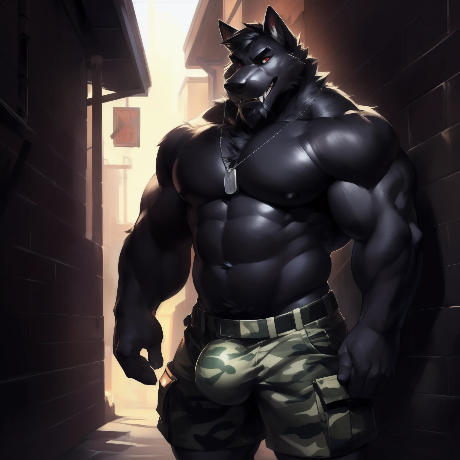 Solo, wolf, (((black body, all black fur, no white fur, no fur pattern, plain fur, plain black fur, black fur))), snout, long snout, teeth, smirking, red eyes, muscular, mature male, father figure, dilf, daddy, fangs, massice biceps, wide waist, broad shoulders, strong thighs, white teeth, black hair, very short hair, beard, detailed hands, well drawn hands, big bulge, detailed bulge, detailed crotch, bulge outline, detailed gential outline, camo cargo shorts, shirtless, dogtags, alleyway, night, dramatic lighting, standing, by darkgem, by mystikfox61, thick body, very strong, buff as Hell,