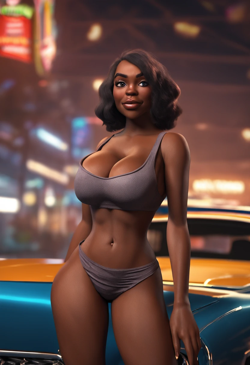 Family guy art style, photorealistic, cartoon, animation, ultra-realistic,3D, artstation, cgsociety, 8k, award-winning photography of a beautiful woman posing sexy, standing spreading her legs wide open, big butt, thin waist, thick thighs,) (multi-color hair:1.2), cheekbones, detailed face, Dark skin tone, African, curvy, (no clothing on:1.5), double eyelid, (Gigantic breast:1.5)