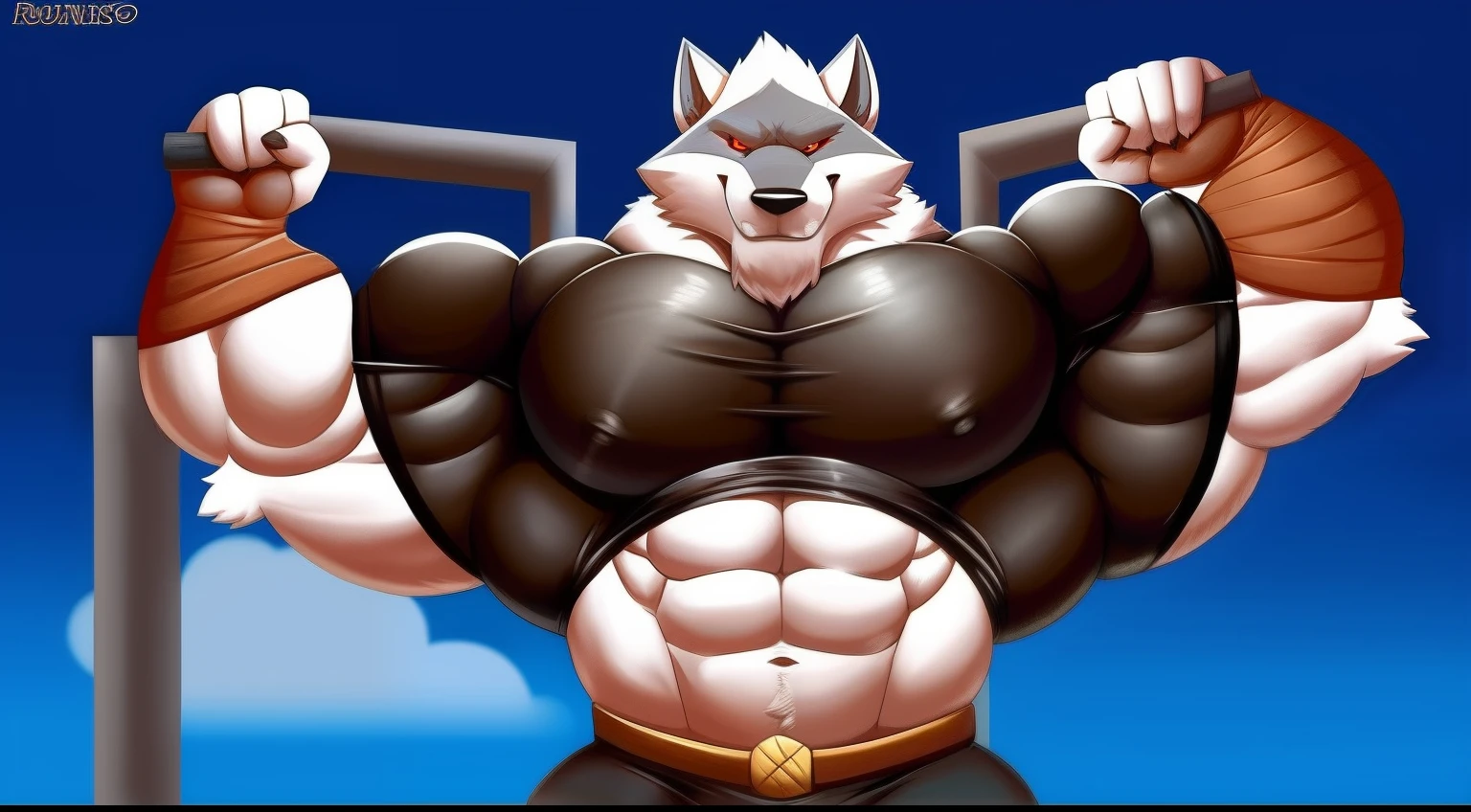 imagem de estilo de um homem com um corpo semelhante a um lobo e uma camisa, lobisomem musculoso, peito fofo, musculoso! Branco, peito peludo, super buff e cool, Commission for High Res, Lobo Peludo, thick furry neck and fluff on his chest, corpo peludo, Arte peluda!!!, forte e imponente, thicc, musculoso!!!, corpo fofo, big muscle, large muscles, roupas latex, cintas , roupas apertadas e marcadas com musculos , fazendo pose , flexionando os musculos