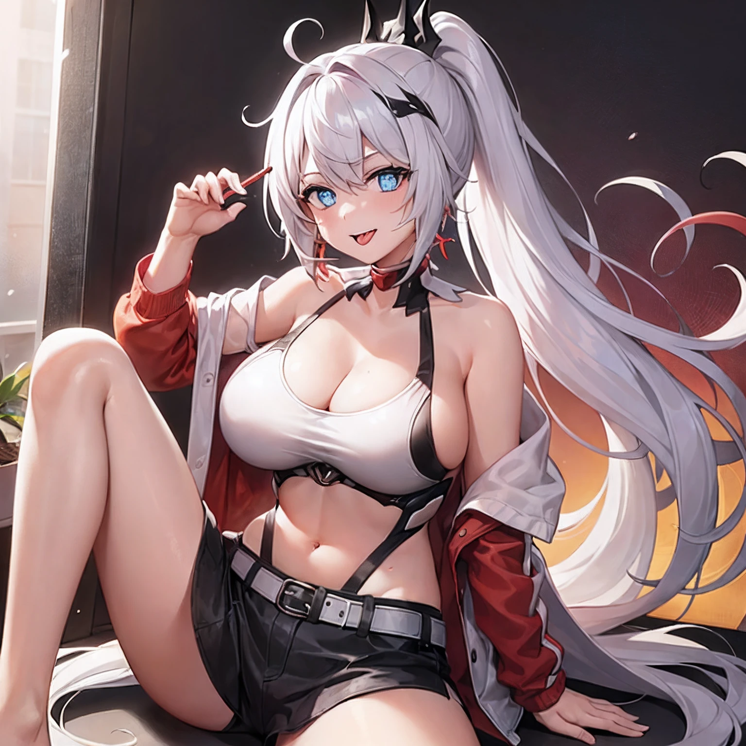((1girl)), full body, long hair, ponytail, (tank-top), jacket, open shoulder, cowboy shot, (bikini), (big breast), red background, open mouth, red eyes, flushed, stick out her tongue out at viewer, smile, (spread legs)