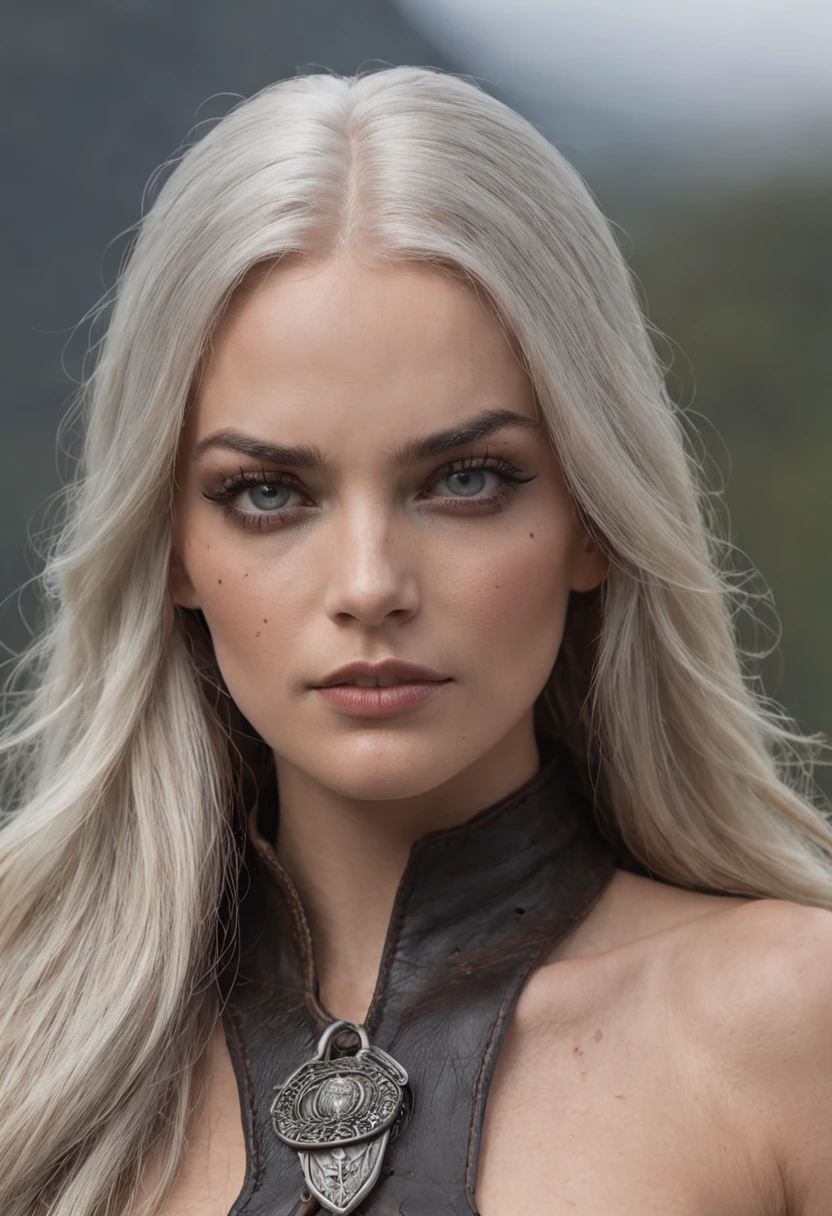 Viking huntress in black reveals sexy medieval ripped topless clothes, torn leather clothing, no armor, no metal clothing, schlanke Figur, with a very beautiful face like Margot Robbie, with gray shiny long hair, ketten und cuffs an beiden Handgelenken, in einem mittelalterlichen Badehaus, Digitale Kunst