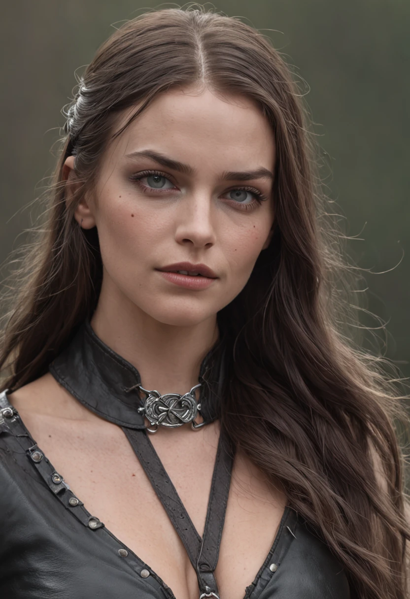 Viking huntress in black reveals sexy medieval ripped topless clothes, torn leather clothing, no armor, no metal clothing, schlanke Figur, with a very beautiful face like Margot Robbie, with gray shiny long hair, ketten und cuffs an beiden Handgelenken, in einem mittelalterlichen Badehaus, Digitale Kunst