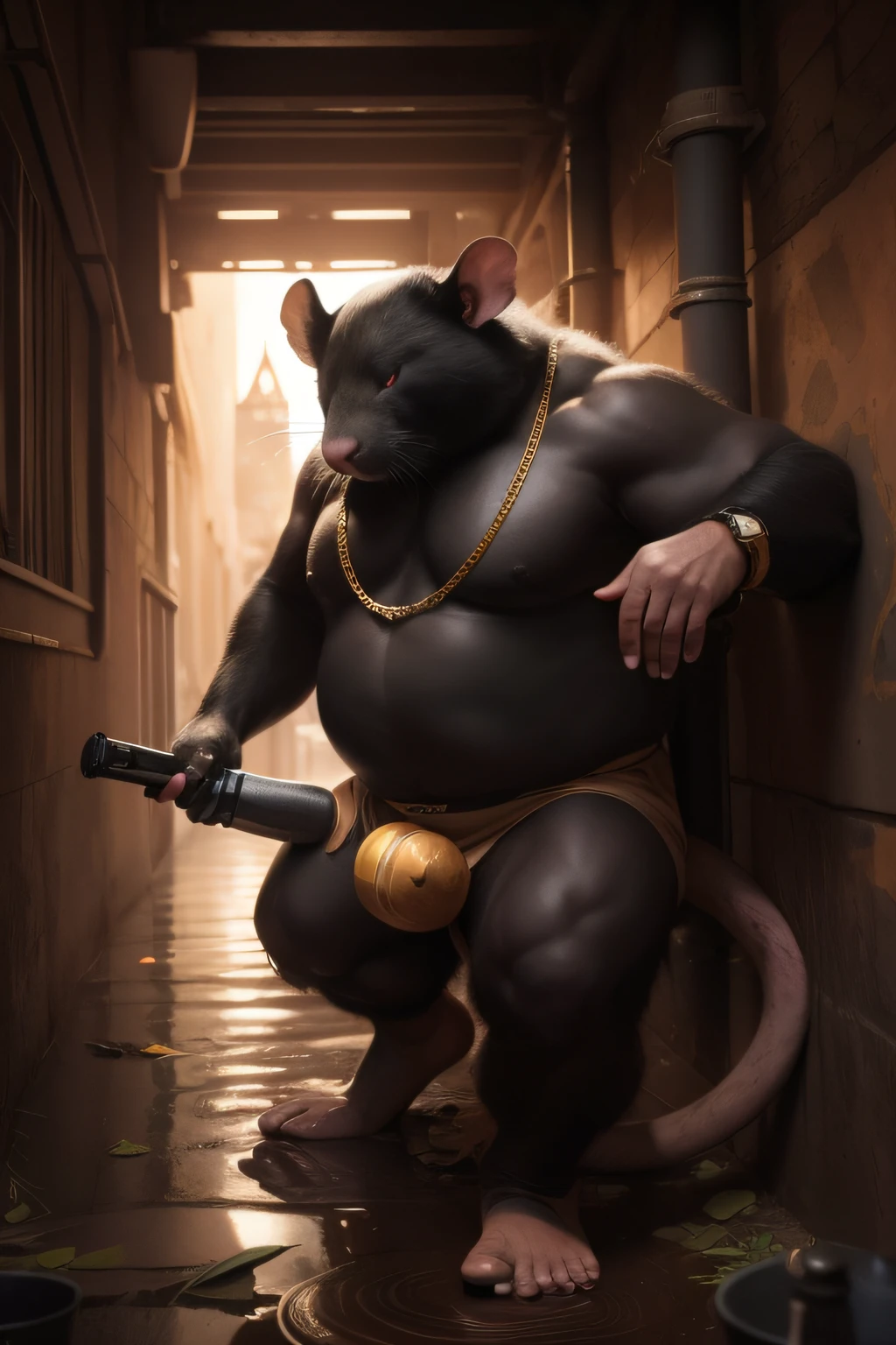 male, (fat), (rat male): 1.3, light black body, black, big feet. showing feet, sole of foot. Detailed foot, (lying in the mud): 1,3, tattoo. Gold chain. Sadomasochistic play. chains. Tattoo. rat tail, bulge, (anatomically correct: 1, 7), penile erection, bullet, bottom of gutter and garbage, LOTUS POSITION, light black color, in sewer, Gothic. Halloween environment, inside the pipe, dirt and garbage. over the sewer. bones, graffiti on the walls, revolver. Flying Golden Sanskrit, goodness, thickness, magnificent background of ducts and pipes, octane rendering, Beautiful features, sewer with silt. , complex skin, detailed face, hairy skin texture, extremely high detail, full body view, cinematic lighting, professional lighting, centered, looking at camera in, 8k, shooting with Hasselblad X1D-50, maximum focus, depth of field , perfect lighting , (best quality), (master part), (ultra detailed), sharp focus, light particle muscles, big fat man, bullet, mature man, shirtless, swollen nipple, big balls, (penile erection: 1.7) , A masterpiece of skin with veins, Mouse tail, Show belly, Extremely detailed, (ultra-detailed, perspective: 1.0), depth of field, Perfect lighting, Atmospheric, hyper photorealism, hyper HD, Background Detailed, Scenic, Author: Rembrandt, Direction: Pino Daeni, Snosco Report, E621, NSF