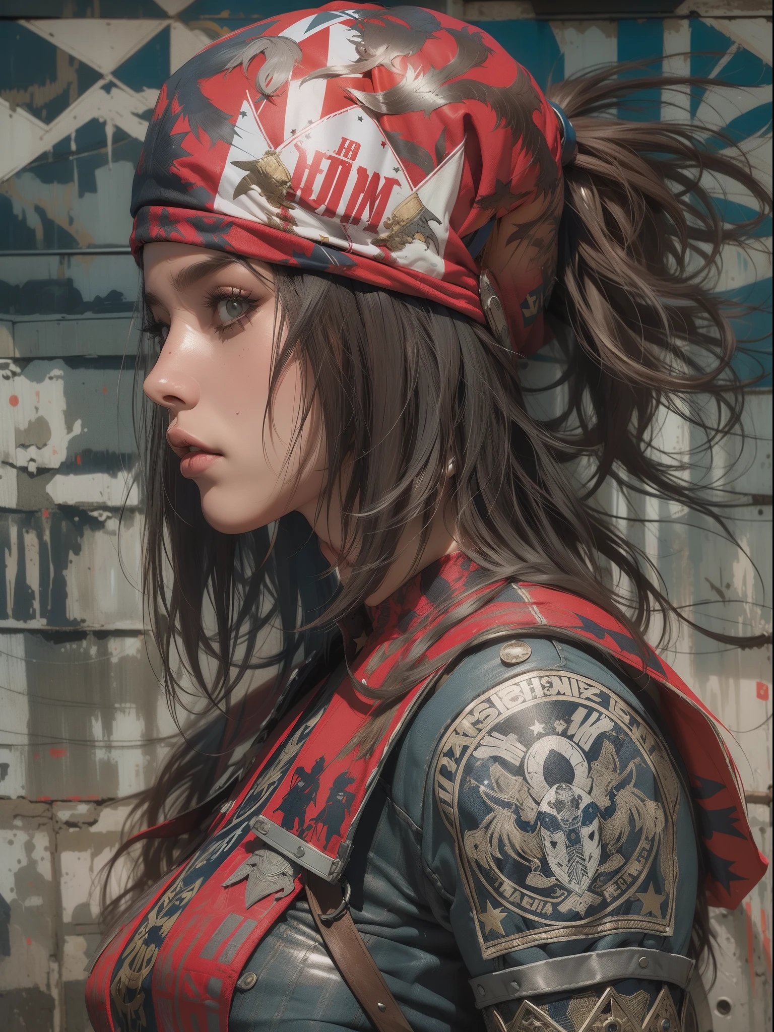 (((mulher))), (((melhor qualidade))), (((obra prima))), (((adulto))), (((1girl))), ((( corte de cabelo bob ))), ((( bonnet ))), Uma gladiadora cyberpunk mulher de 25 anos com corpo perfeito, shoulder pads with metal spines, Gladiadores do Brooklyn, (( corte de cabelo bob )), tiny leather panties, camiseta de time de rugby rasgada, quase nua no estilo selvagem urbano de Simon Bisley para a capa da revista Heavy Metal, Cabelo loiro curto, Minimum clothing, Metal protection on the left arm with intricate graphics, Dark red with white stars and white and navy blue checkerboard pattern, armadura, cheio de pontas e rebites, (((do joelho pra cima))), cabelos loiro branco curto, no fundo uma parede pintada por Shepard Fairey com um design intrincado