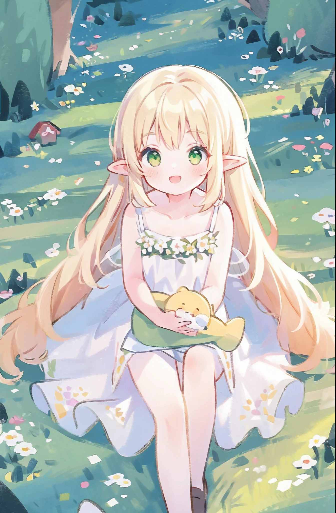 Masterpiece, best quality, illustration, colorful, landscape, fantasy, forest, 1girl, girly, face focus, skinny, bare shoulders, clavicle, detailed golden long hair, green eyes, pointy ears, holy smile , wreath, white dress, holy light, forest, sea of trees, flowers, sitting on the ground