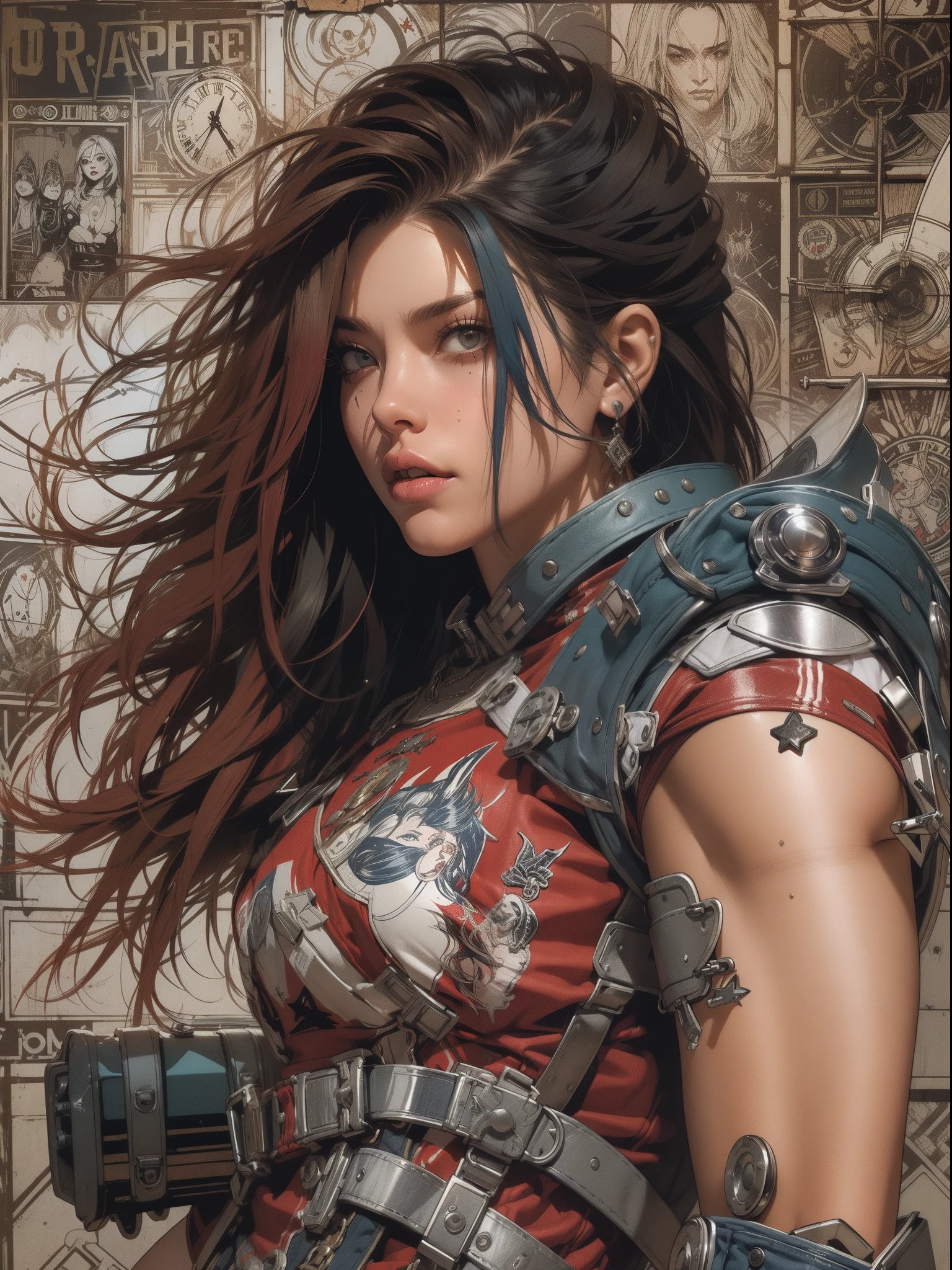 (((mulher))), (((melhor qualidade))), (((obra prima))), (((adulto))), (((1girl))), ((( corte de cabelo bob ))), Uma gladiadora cyberpunk mulher de 25 anos com corpo perfeito, shoulder pads with metal spines, Gladiadores do Brooklyn, (( corte de cabelo bob )), tiny leather panties, camiseta de time de rugby rasgada, quase nua no estilo selvagem urbano de Simon Bisley para a capa da revista Heavy Metal, Cabelo loiro curto, Minimum clothing, Metal protection on the left arm with intricate graphics, Dark red with white stars and white and navy blue checkerboard pattern, armadura, cheio de pontas e rebites, (((do joelho pra cima))), cabelos loiro branco curto, no fundo uma parede pintada por Shepard Fairey com um design intrincado
