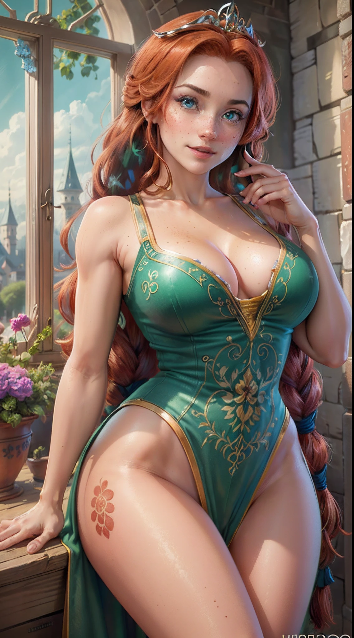 (FionaWaifu:1), 1girl, cute, cute pose, (long hair, tiara, red hair, braid, blue eyes, freckles, makeup), (green dress:1), curvy, looking at viewer, smile, :D, breast focus, leaning forward,
(detailed ladscape, castle, kingdom, big window, sky, flowers:1.2), (background:1), (dynamic_angle:1.2), (dynamic_pose:1.2), (rule of third_composition:1.3), (dynamic_perspective:1.2), (dynamic_Line_of_action:1.2), solo, wide shot,
(masterpiece:1.2), (best quality, highest quality), (ultra detailed), (8k, 4k, intricate), (full-body-shot:1), (Cowboy-shot:1.2), (50mm), (highly detailed:1.2),(detailed face:1.2), detailed_eyes,(gradients),(ambient light:1.3),(cinematic composition:1.3),(HDR:1),Accent Lighting,extremely detailed,original, highres,(perfect_anatomy:1.2),