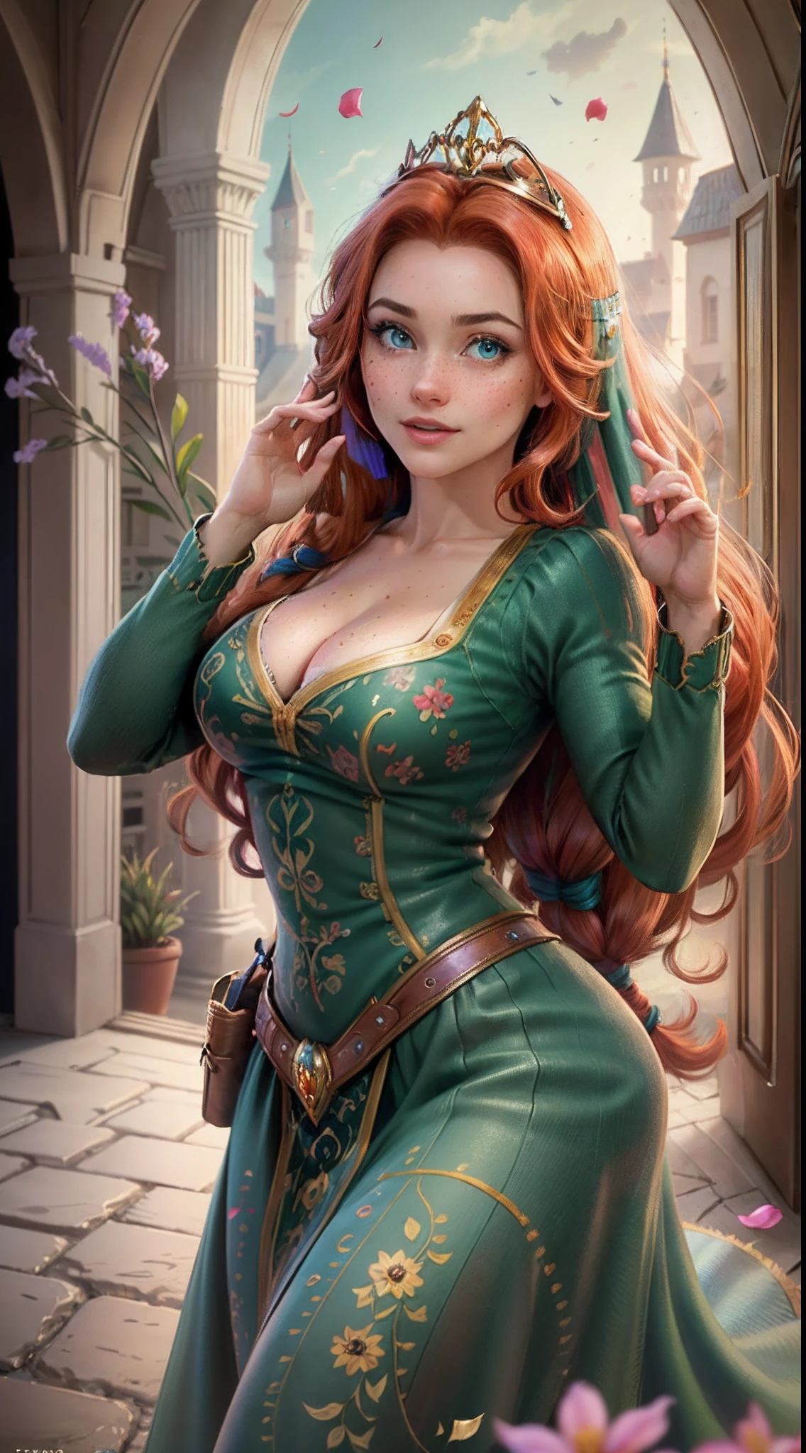 (FionaWaifu:1), 1girl, cute, cute pose, (long hair, tiara, red hair, braid, blue eyes, freckles, makeup), (green dress:1), curvy, looking at viewer, smile, :D, breast focus, leaning forward,
(detailed ladscape, castle, kingdom, big window, sky, flowers:1.2), (background:1), (dynamic_angle:1.2), (dynamic_pose:1.2), (rule of third_composition:1.3), (dynamic_perspective:1.2), (dynamic_Line_of_action:1.2), solo, wide shot,
(masterpiece:1.2), (best quality, highest quality), (ultra detailed), (8k, 4k, intricate), (full-body-shot:1), (Cowboy-shot:1.2), (50mm), (highly detailed:1.2),(detailed face:1.2), detailed_eyes,(gradients),(ambient light:1.3),(cinematic composition:1.3),(HDR:1),Accent Lighting,extremely detailed,original, highres,(perfect_anatomy:1.2),