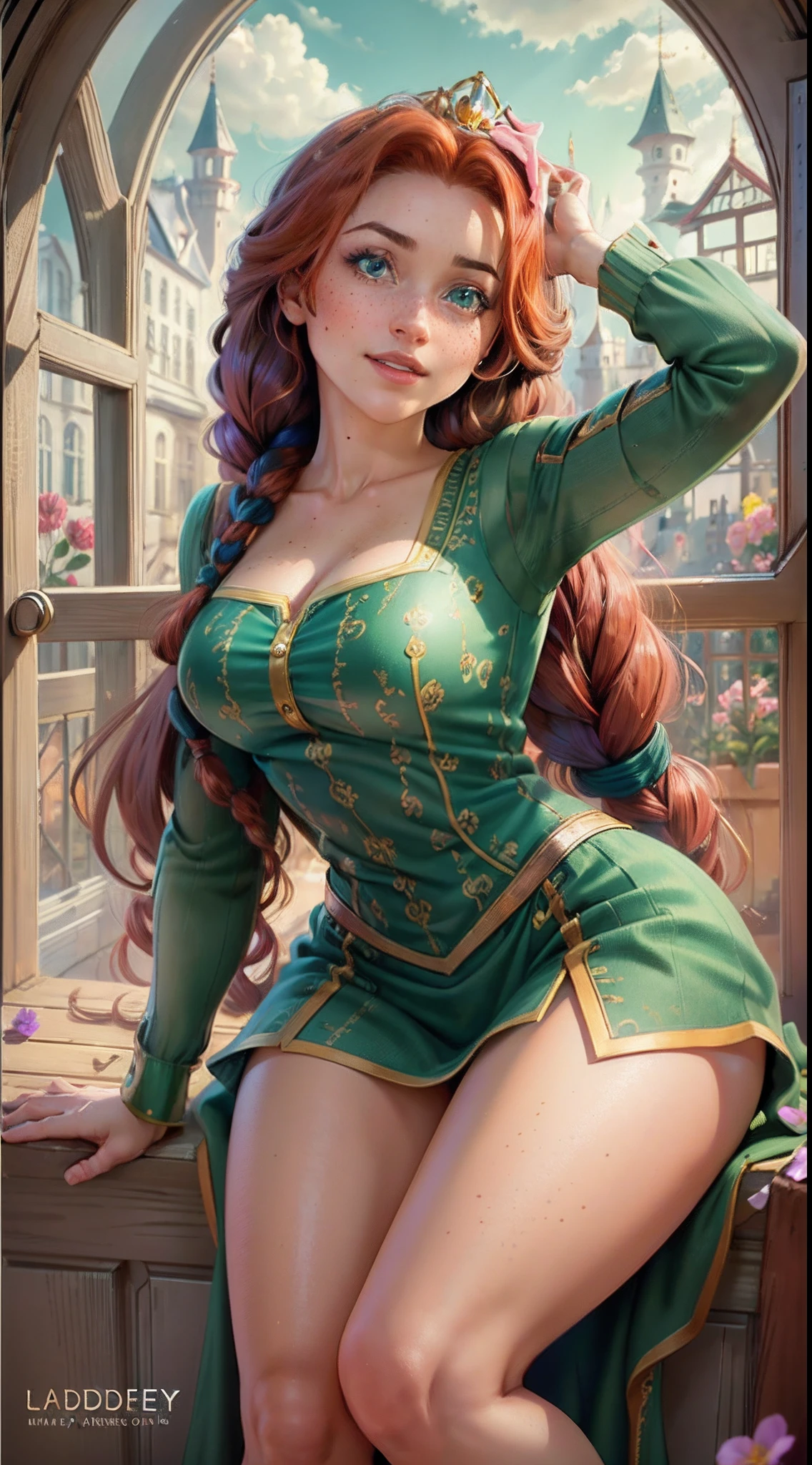 (FionaWaifu:1), 1girl, cute, cute pose, (long hair, tiara, red hair, braid, blue eyes, freckles, makeup), (green dress:1), curvy, looking at viewer, smile, :D, breast focus, leaning forward,
(detailed ladscape, castle, kingdom, big window, sky, flowers:1.2), (background:1), (dynamic_angle:1.2), (dynamic_pose:1.2), (rule of third_composition:1.3), (dynamic_perspective:1.2), (dynamic_Line_of_action:1.2), solo, wide shot,
(masterpiece:1.2), (best quality, highest quality), (ultra detailed), (8k, 4k, intricate), (full-body-shot:1), (Cowboy-shot:1.2), (50mm), (highly detailed:1.2),(detailed face:1.2), detailed_eyes,(gradients),(ambient light:1.3),(cinematic composition:1.3),(HDR:1),Accent Lighting,extremely detailed,original, highres,(perfect_anatomy:1.2),